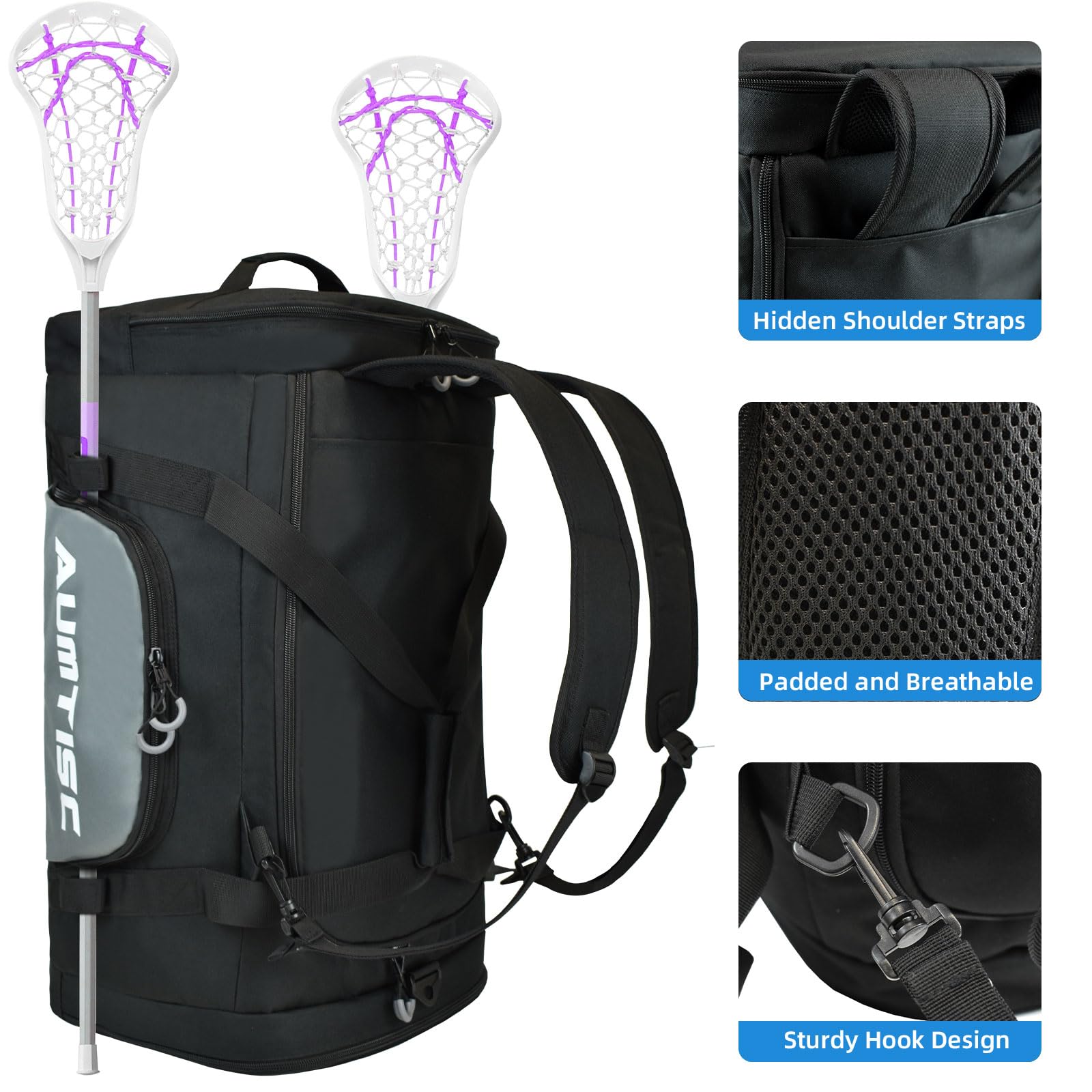 AUMTISC Sac de crosse, peut être utilisé comme sac à dos ou sac de sport, 2 supports de bâtons et compartiment séparé à crampons, grande capacité de 75 l pour contenir tous les équipements de crosse