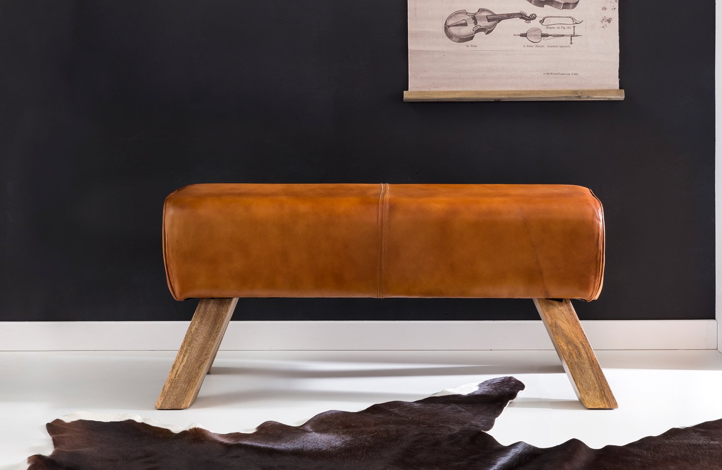 FineBuy Banc Bois Massif Cuir Rembourré 90 x 43 x 30 cm Style Rétro | Banquette de Lit Véritable Cuir Brun Couloir