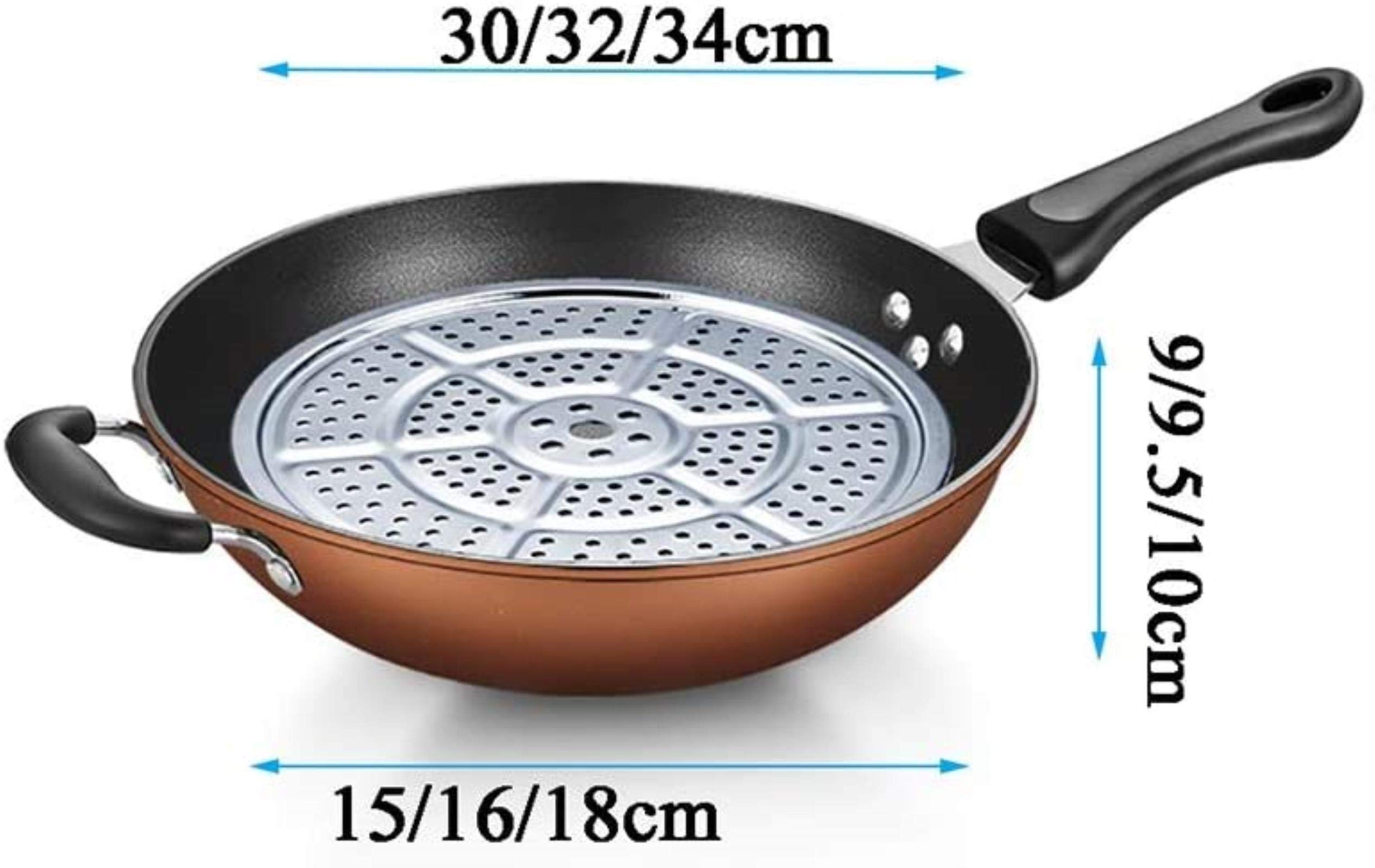 HMTE Wok Für Induktion, Schmiedeeiserner Wok, Antihaftpfanne, Induktionsherd, Kombiabdeckung/Gedämpfte Tablette, Erdgas, Gasherde Anwendbar, 34 cm (32 cm)