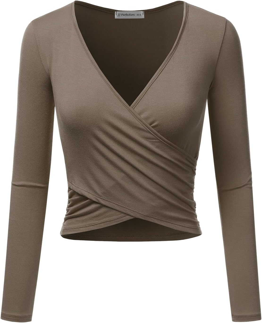 JJ Perfection Women's Long Sleeve Deep V Neck Unique Cross Wrap Crop Top Mocha L