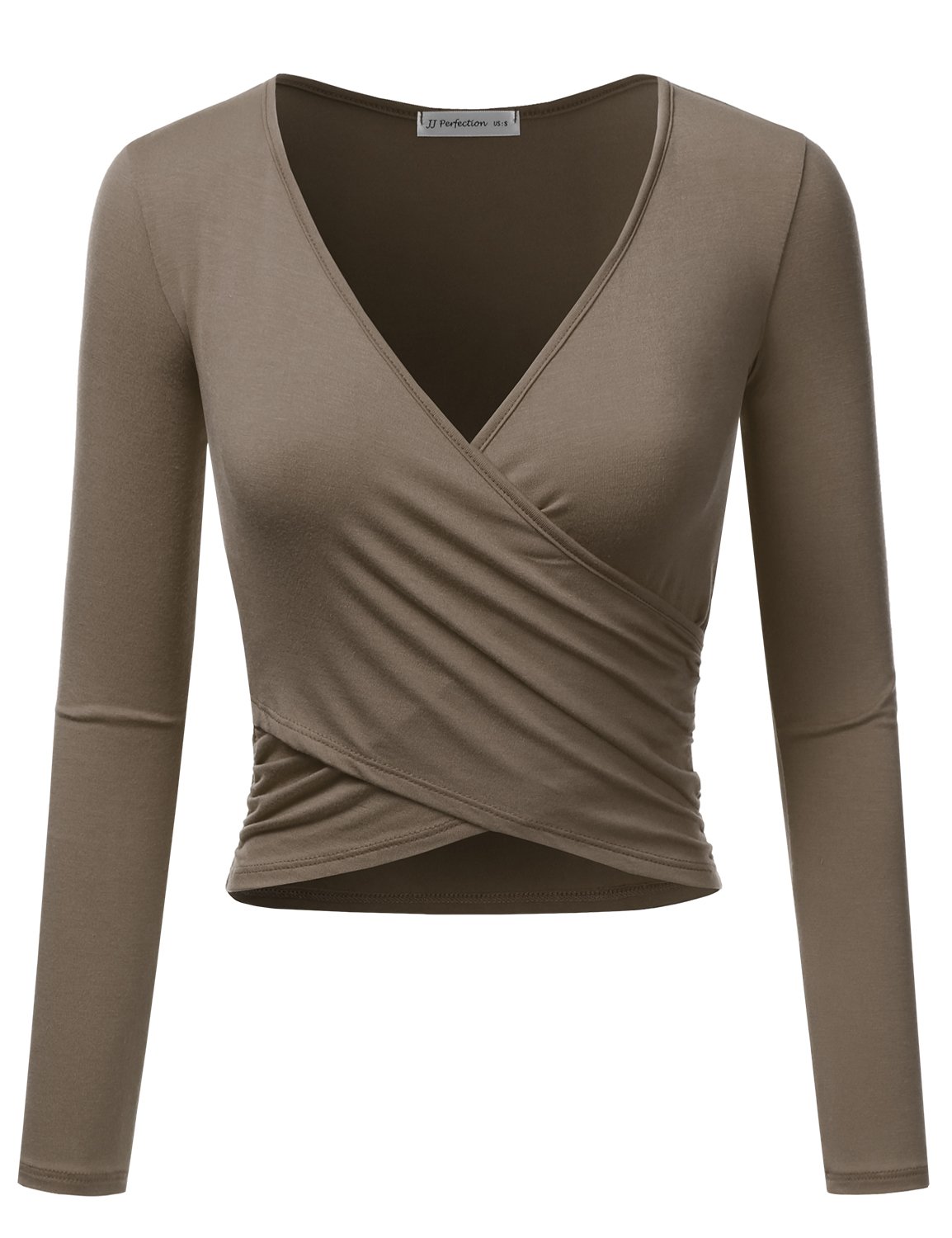 JJ Perfection Women's Long Sleeve Deep V Neck Unique Cross Wrap Crop Top Mocha L