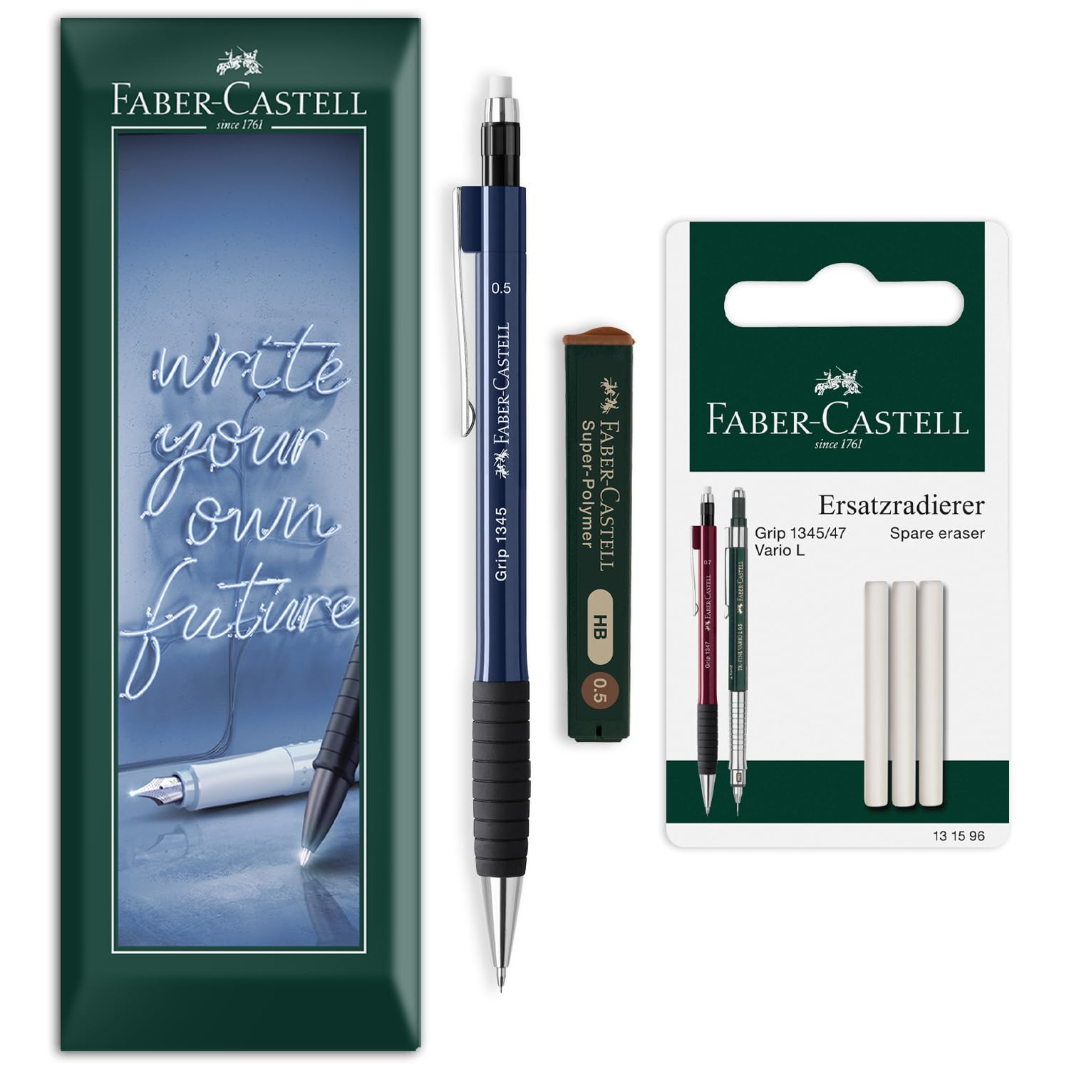 Faber-Castell Grip 1345 Mechanical Pencil Set | 0.5mm HB Propelling Pencil with Polymer Leads & Spare Eraser Refills for Writing, Sketching, Technical Drawing & Office Use (Navy Blue)
