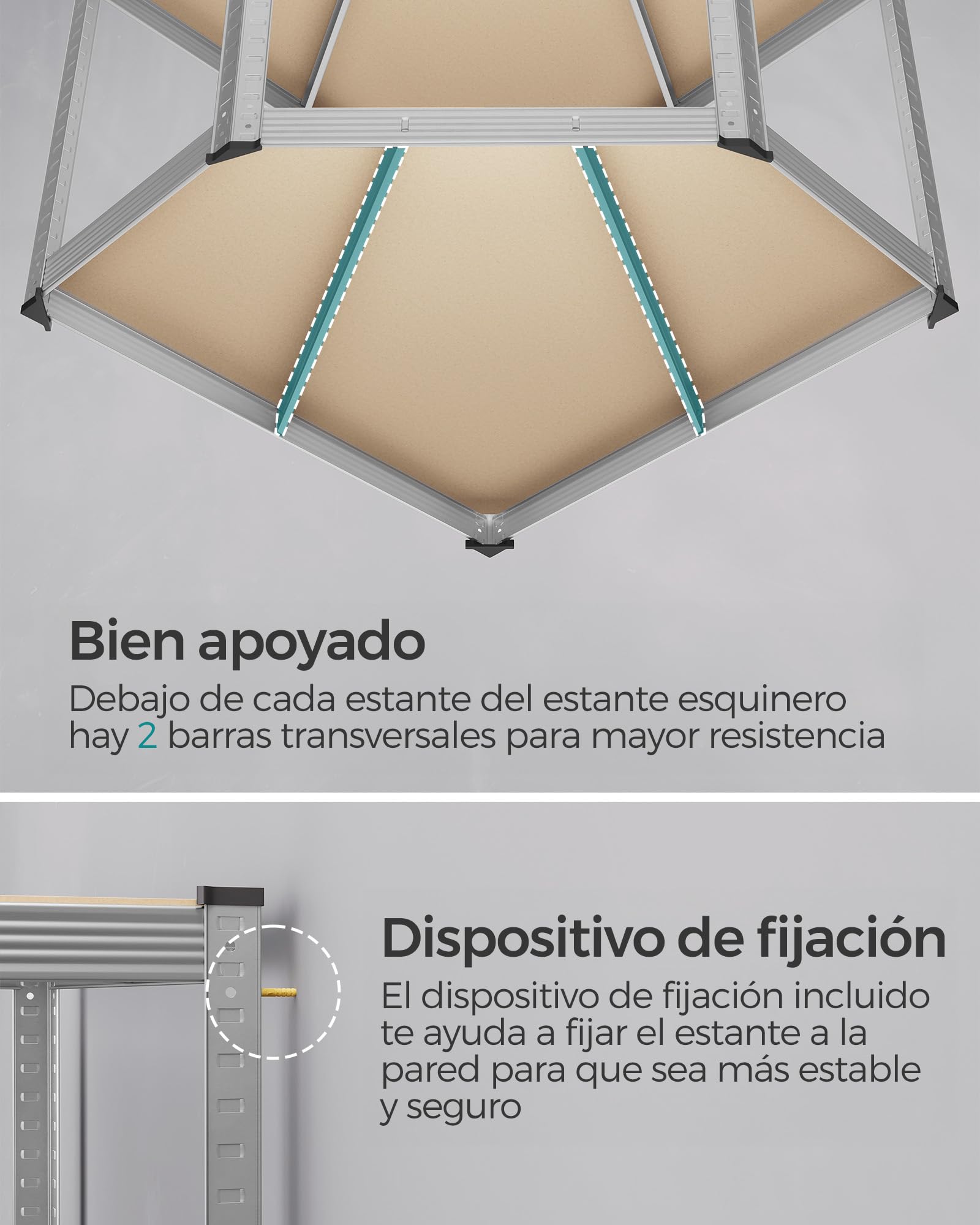 SONGMICS Juego de Estantería Esquinera de 5 Niveless, Estantería de Esquinera de Acero de Alta Resistencia, para Garaje, Almacén, Bodega, Carga de 2625 kg, Plata Pálido y Beige Natural GLR070E03