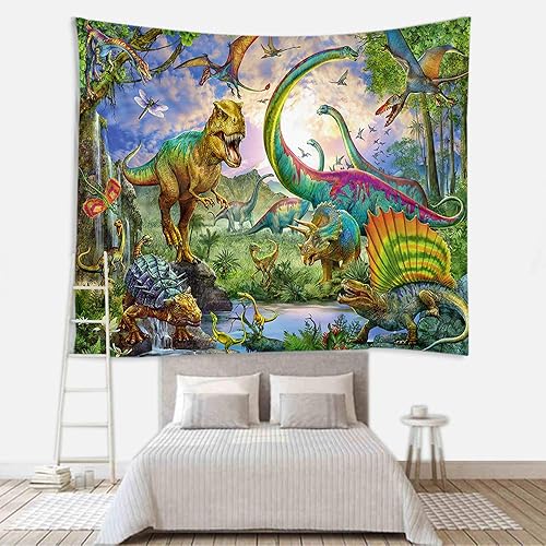 Miniatura 5 de Sevendec Tapiz de dinosaurio para colgar en la pared, diseño de animales salvajes, tropical, jurásico, naturaleza, decoración de pared para