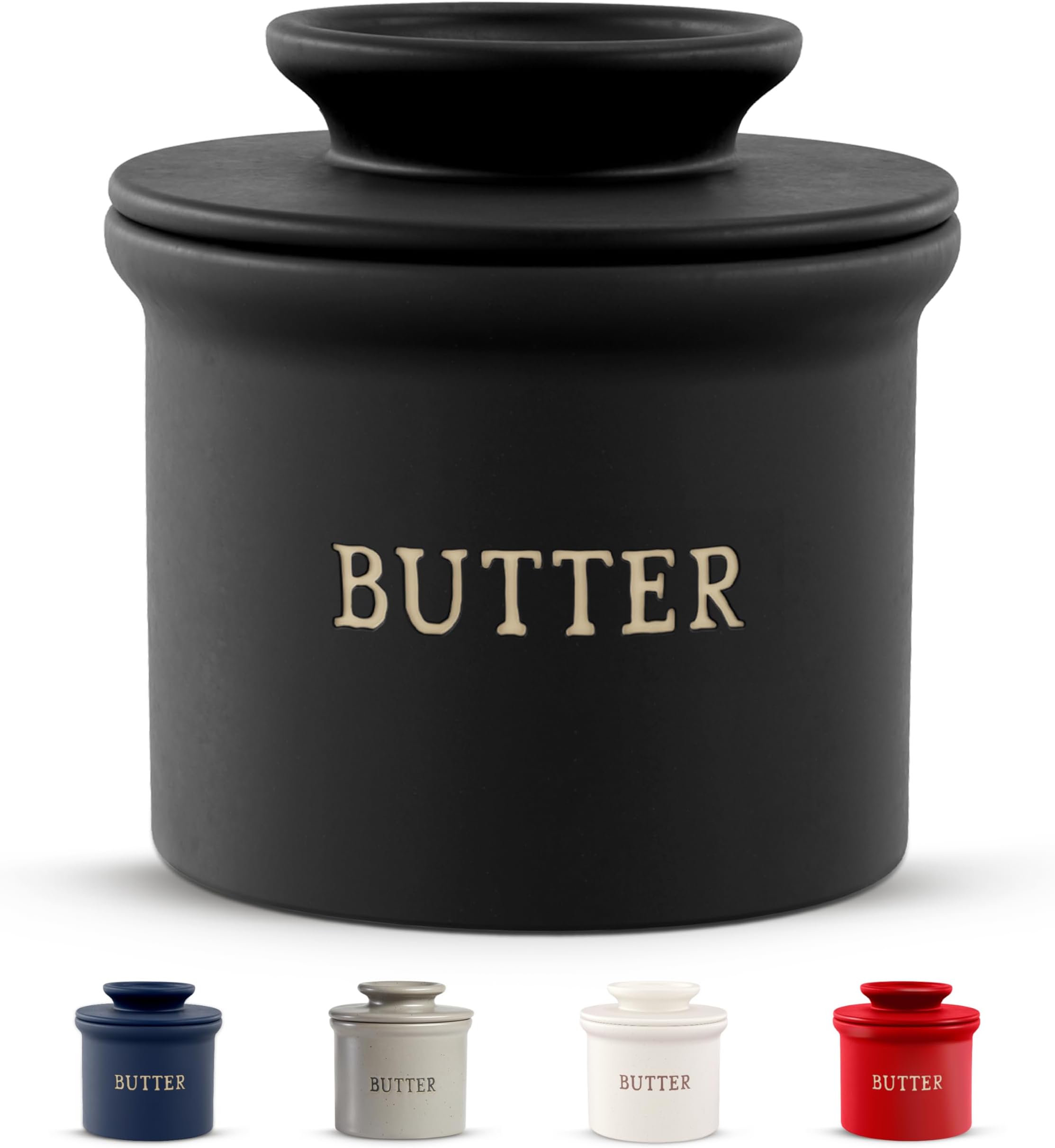 Kook Butter Crock with Lid, Soft Spreadable Butter, Ceramic French Butter Keeper to Leave On Counter with Water Line, Butter Dish, Home and Kitchen Decor, Perfect for Christmas Gift (Black)