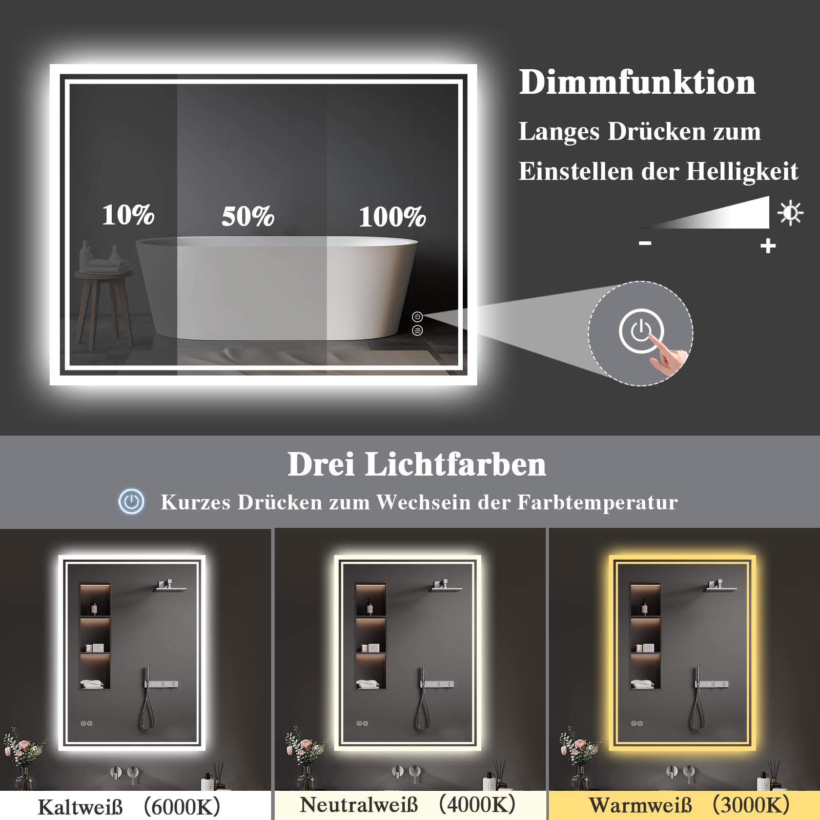 Badspiegel-mit-Beleuchtung 60x80cm: LED Badezimmer-Spiegel Badezimmerspiegel mit Beschlagfrei, Touch-Schalter, 3 Lichtfarben Dimmbar LED Spiegel Bad für Badezimmer