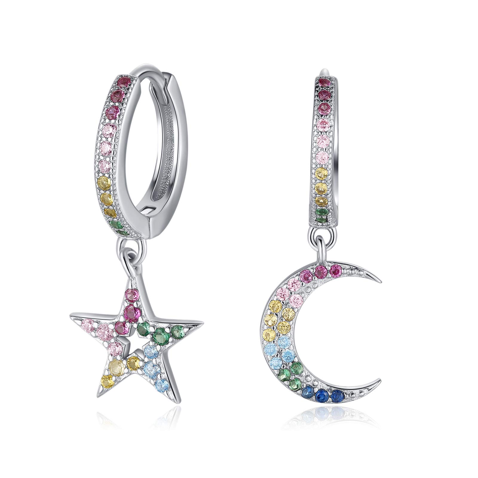 QingsPendientes aro Plata con Colgante de Estrell Luna Circonitas Colores Star Moon Hoop Dangle Earrings 925 plata de ley Pendientes Colgante de Mujeres, Adolescentes, Niñas