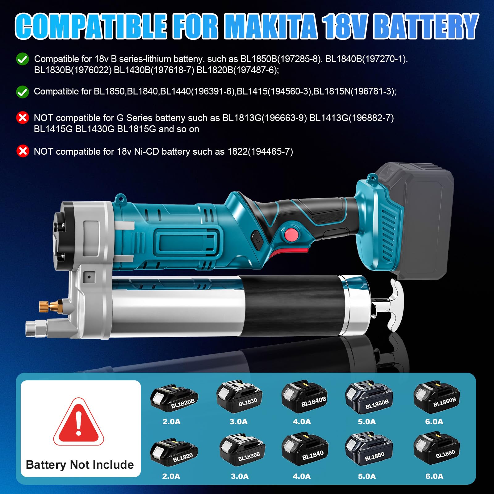 Fettpresse kompatibel mit Makita 18V-Akku, 8000–12000 PSI, 180–200 g/min, | 3-stufige Drehzahlregelung,600W bürstenloser Motor,für 400ml Kartuschen & loses Fett, mit LED-Licht