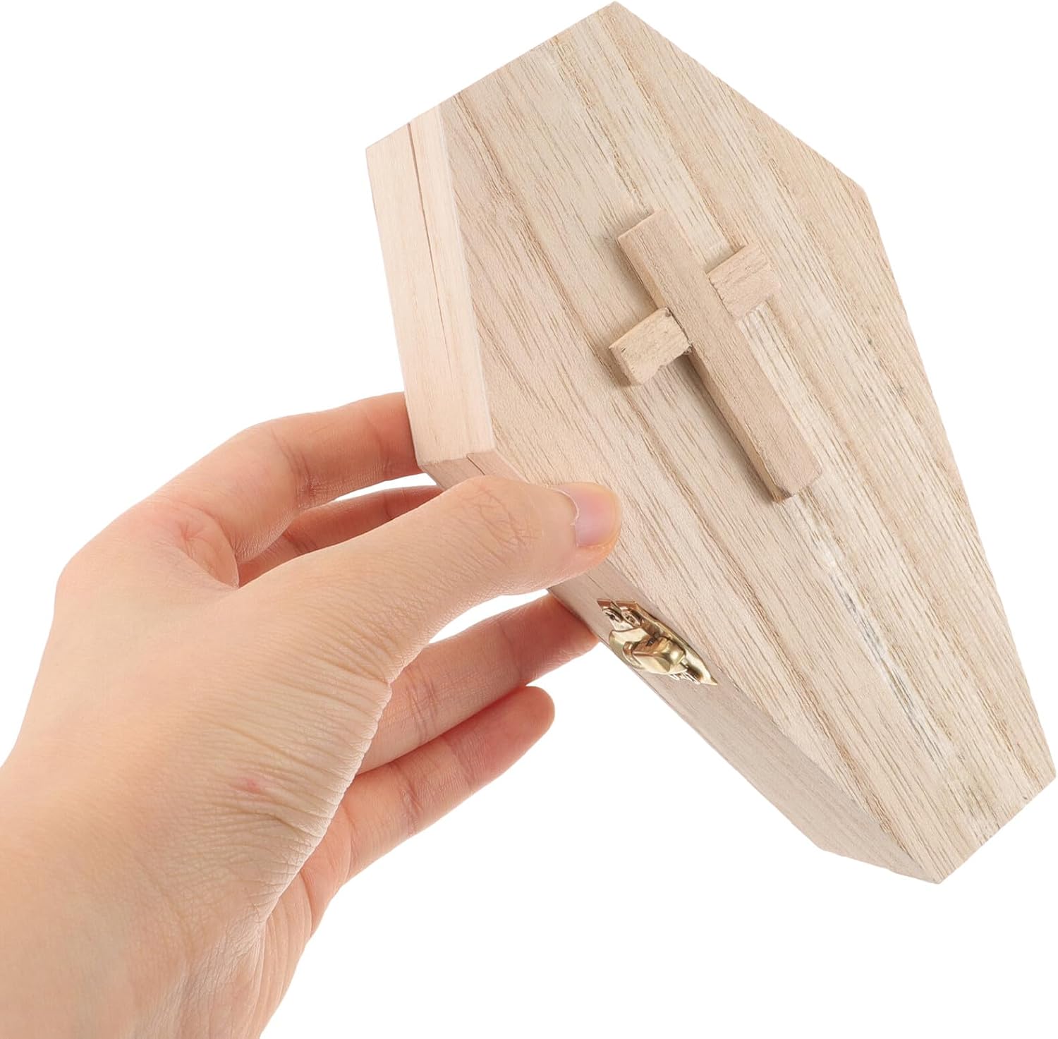 Operitacx Coffin Jewelry Box Hexagonal Wooden Trinket Organizer 15x8x4cm Paulownia Wood Cross Design Halloween Earring Ring Holder Storage Case