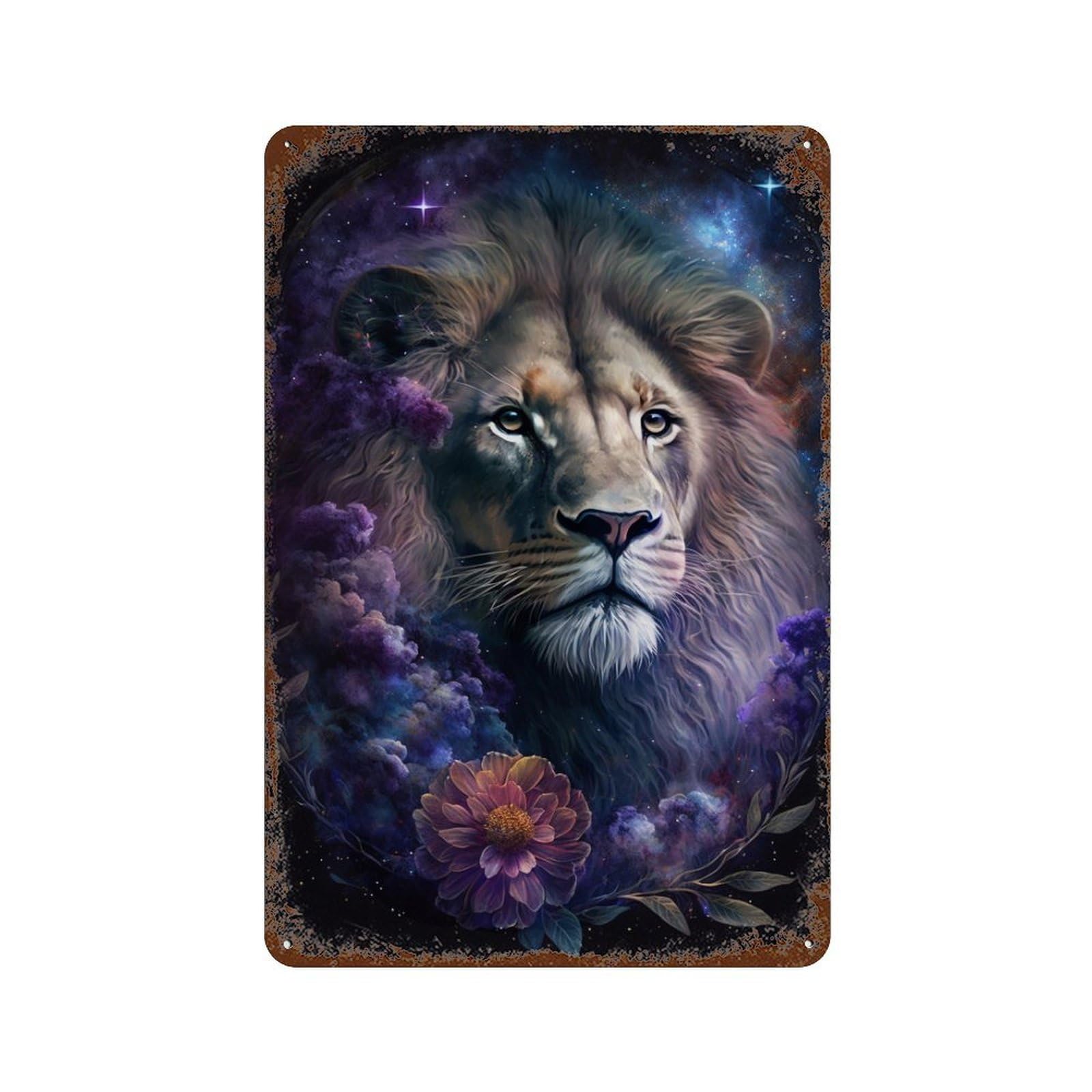 Galactic Lion Majesty Art Print Aged Metal Wall Plaque 11.8"x7.9", Industrial Home Decor for Garage, Pub Or Kitchen
