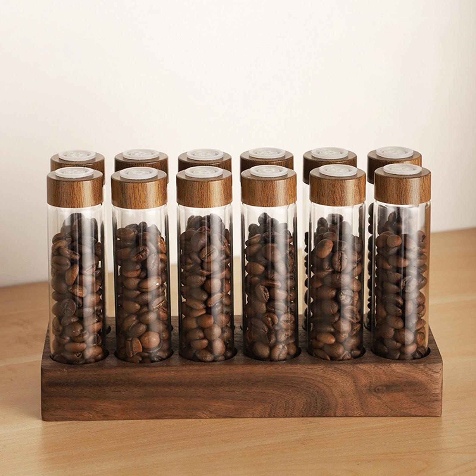 Sharplace 12 Röhren Kaffeevorratsdosen mit Holzständer, Einzeldosis Kaffeebohnen-Aufbewahrung, Kaffeekapseln Dose Kaffeebohnenvorratsbehälter mit Deckel, Behälterständer für Kaffee, Tee, B 12 Loch 22g
