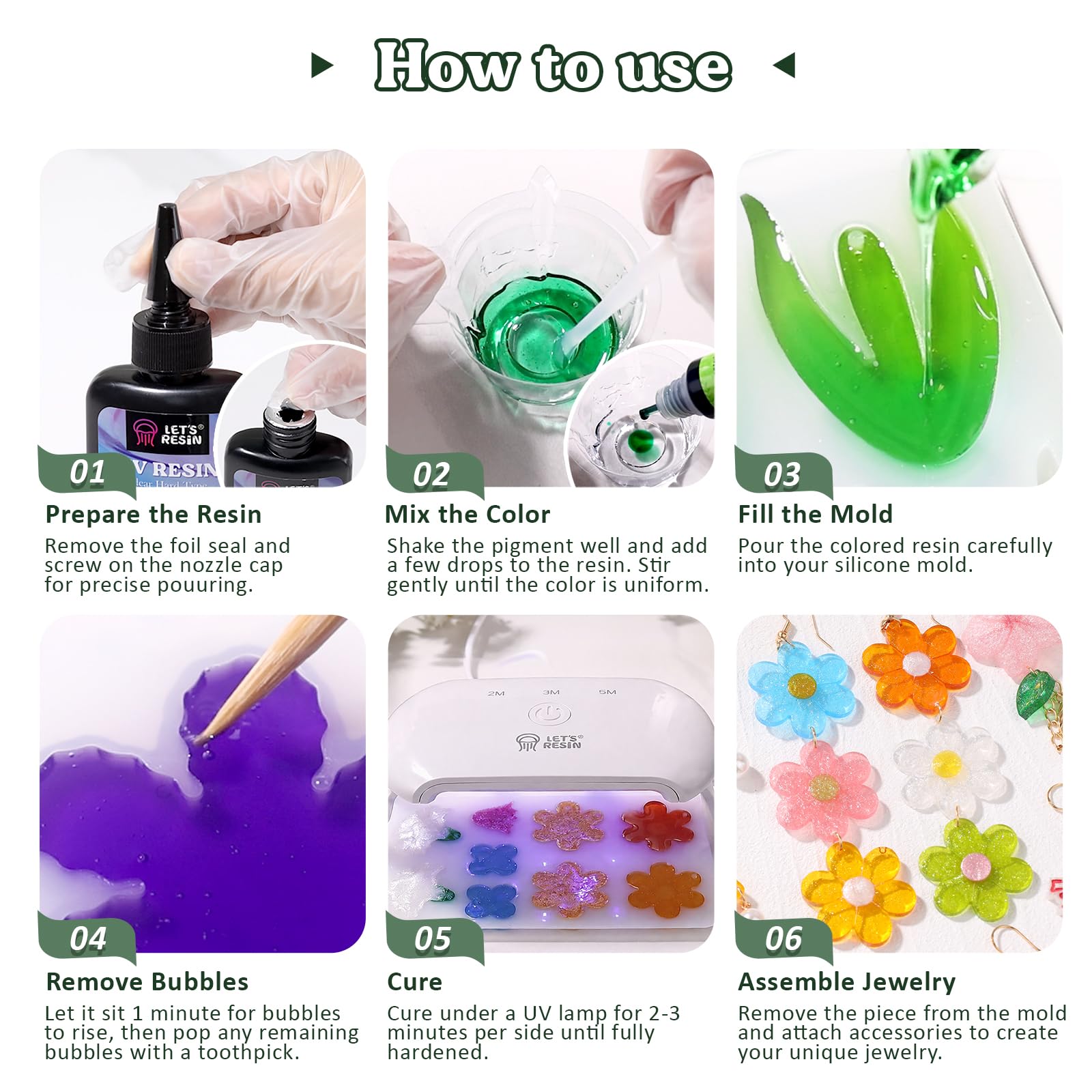 LET'S RESIN Kit in resina UV con luce, kit per la creazione di gioielli floreali con stampi in resina, coloranti in resina, ciondoli e gioielli per portachiavi, orecchini, collane, ciondoli