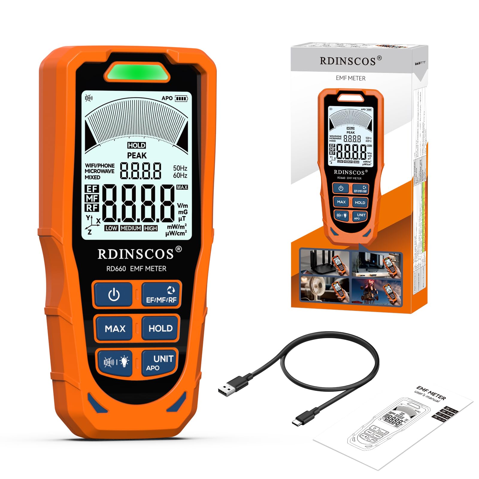 RDINSCOS EMF-Messgerät,3 in 1 Elektromagnetische Strahlung für EF MF RF,Handheld-Detektor Digitaler Strahlungsdetektor für elektromagnetische Felder für Zuhause, Büro & Unterwegs