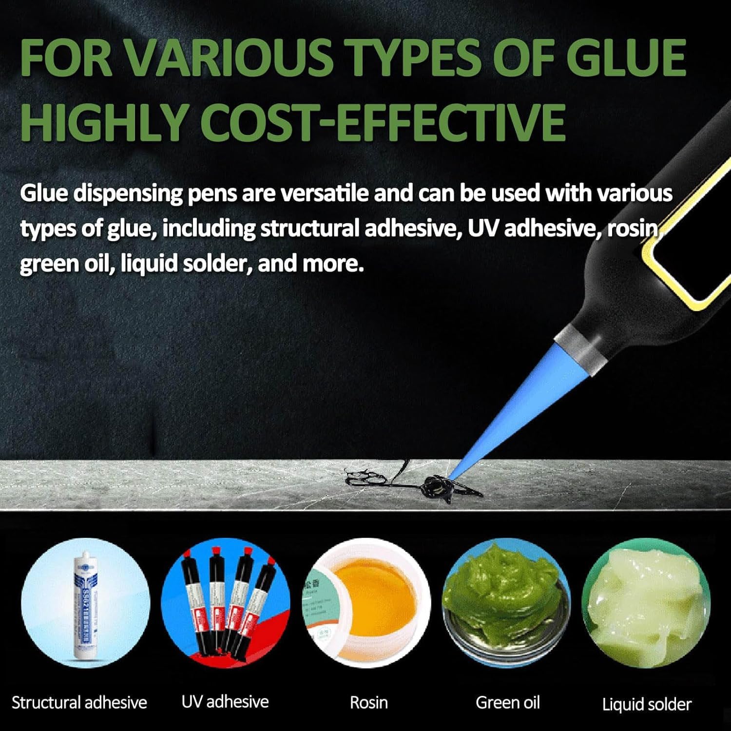 Distributore di colla pneumatica, distributore automatico di colla con teste adattatore da 10 ml/30 ml, funzionamento con un pulsante, pompa ad aria integrata per colla UV e olio per saldatura