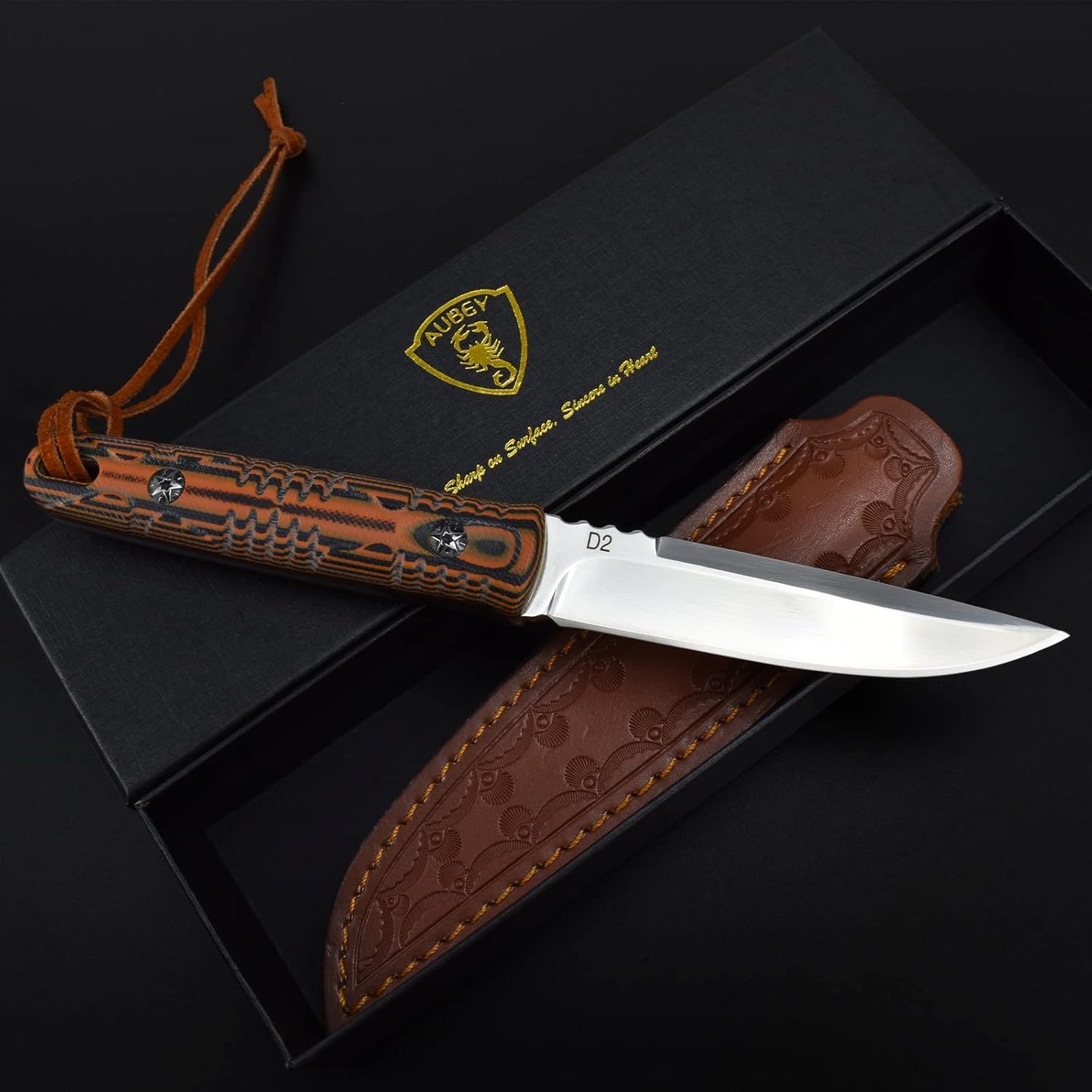 AUBEY Fixed Blade Hunting Knife Full Tang with Leather Sheath for Men, D2 Blade Outdoor Survival Camping Knife, G10 Handle : Everything Else