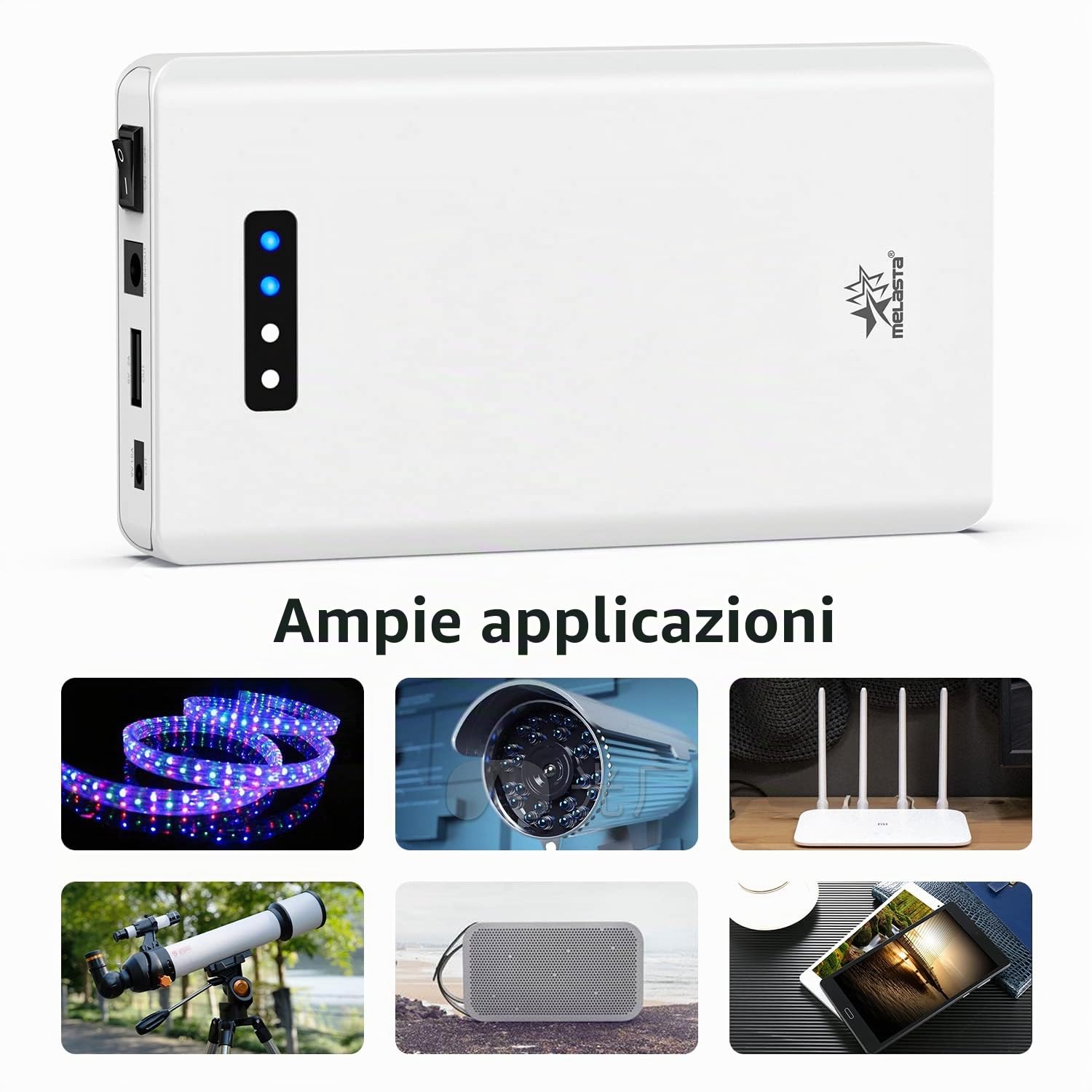 melasta 24V, 3350mAh Powerbank Batteria Esterna Ricaricabile Agli ioni di Litio, con Uscita DC da 9V, Uscita USB da 5 V, per Strisce LED, Luce a Nastro, Telecamera CCTV e Altro Ancora (con Caricatore)