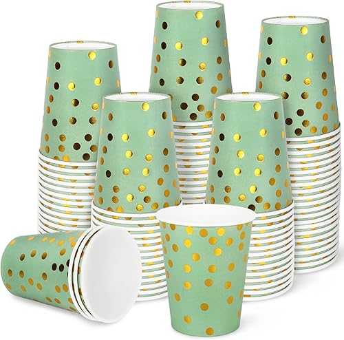 Miniatura 1 de Whaline 50 tazas de papel verde salvia con puntos de aluminio de 9 onzas desechables de oro verde tazas de café para bebidas frías y calientes,