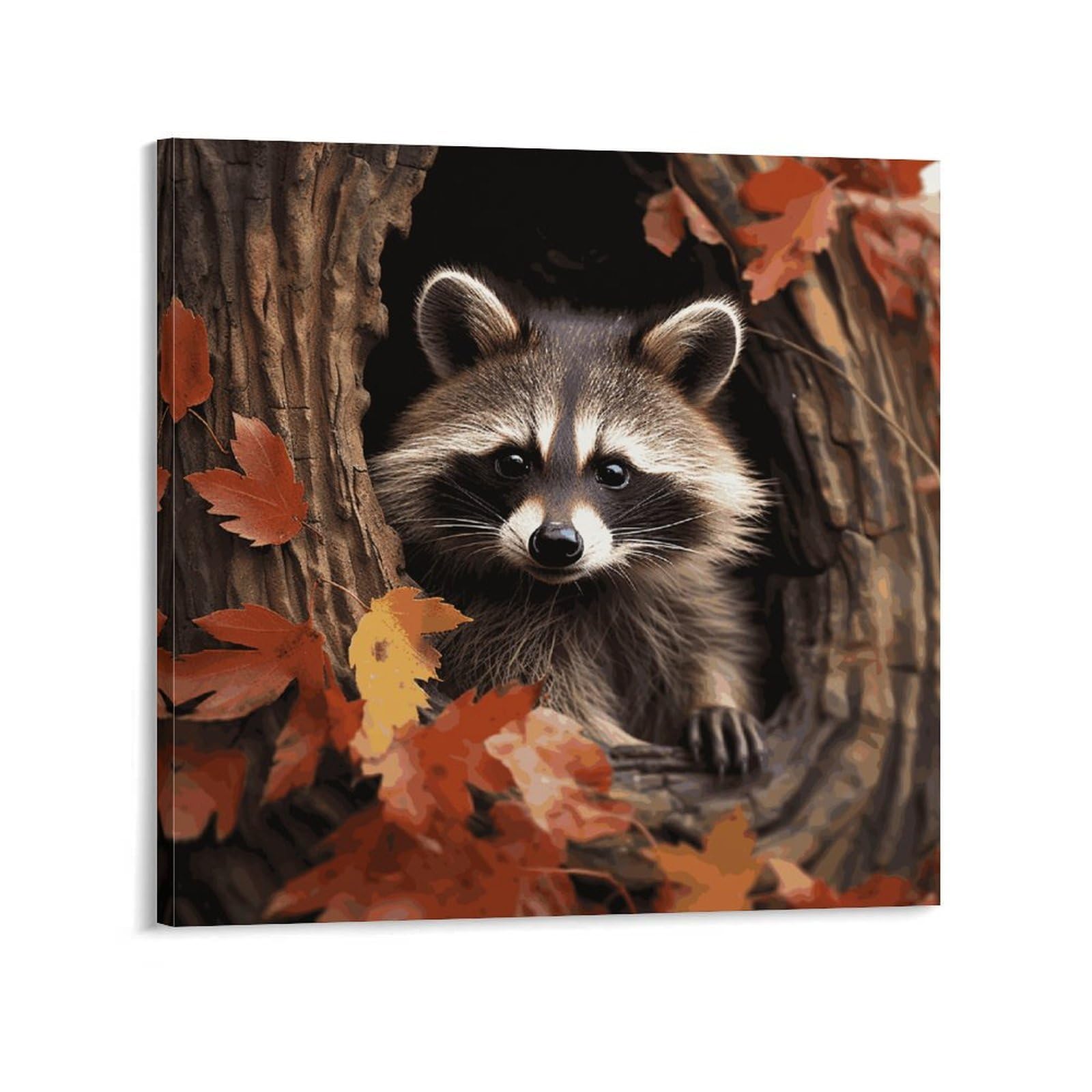 KLOPH Raccoon in The Fall Tree Hole Canvas Wall Art for Living Room 12x12inch Modern Artwork Painting for Bathroom Hanging Canvas Prints Aesthetic Wallart for Bedroom Kitchen Office Wall Decor