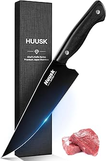 Huusk Japanese Chef Knife for Kitchen - 8in Stainless Kitchen Knife with Black Titanium Coating, All Purpose Cooking Knives for Vegetable & Meat Cutting, Ultra Sharp Gyuto Knives, Men's Christmas Gift