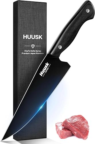Huusk Cuchillo de chef japonés para cocina, cuchillo de cocina de acero inoxidable de 8 pulgadas con revestimiento de titanio negro, cuchillos de
