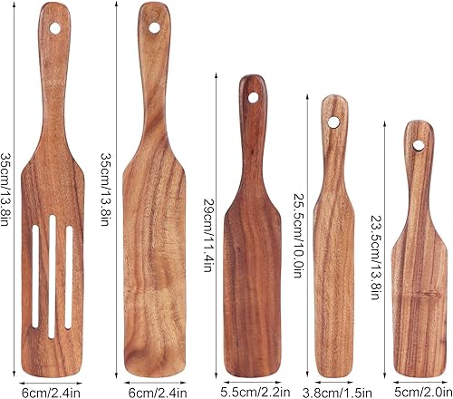 Miniatura 3 de Juego de utensilios de cocina de madera de teca, 5 piezas, espátulas de madera, herramientas de calor con orificio para colgar, para agitar, girar y