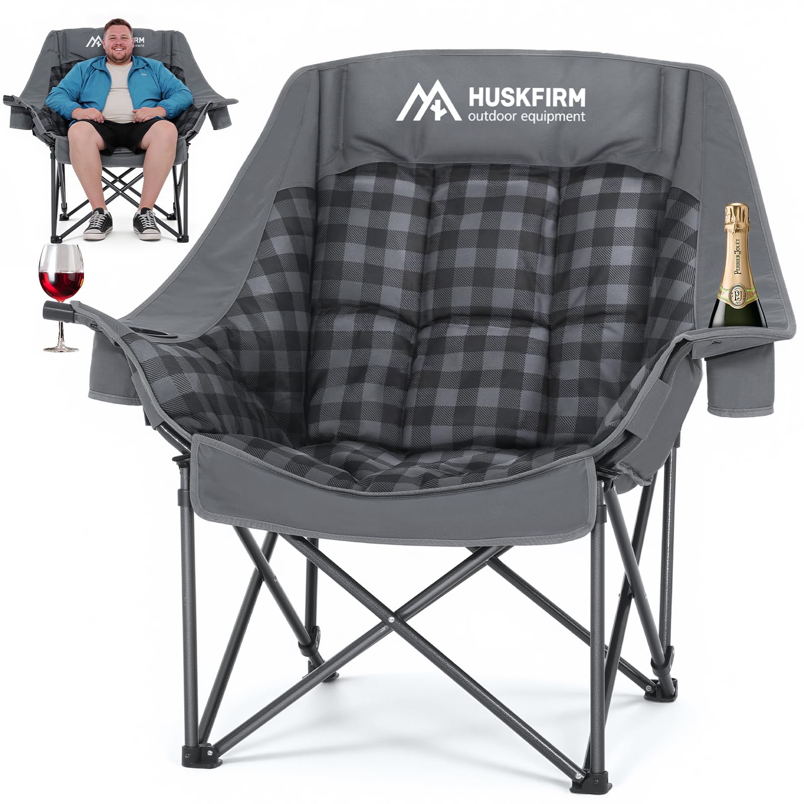 huskfirm oversized camping chairs for adults folding padded camping chair | heavy duty xl camping chair - 400lbs support lawn chairs for outdoor sports beach fishing with cup holder & carry bag