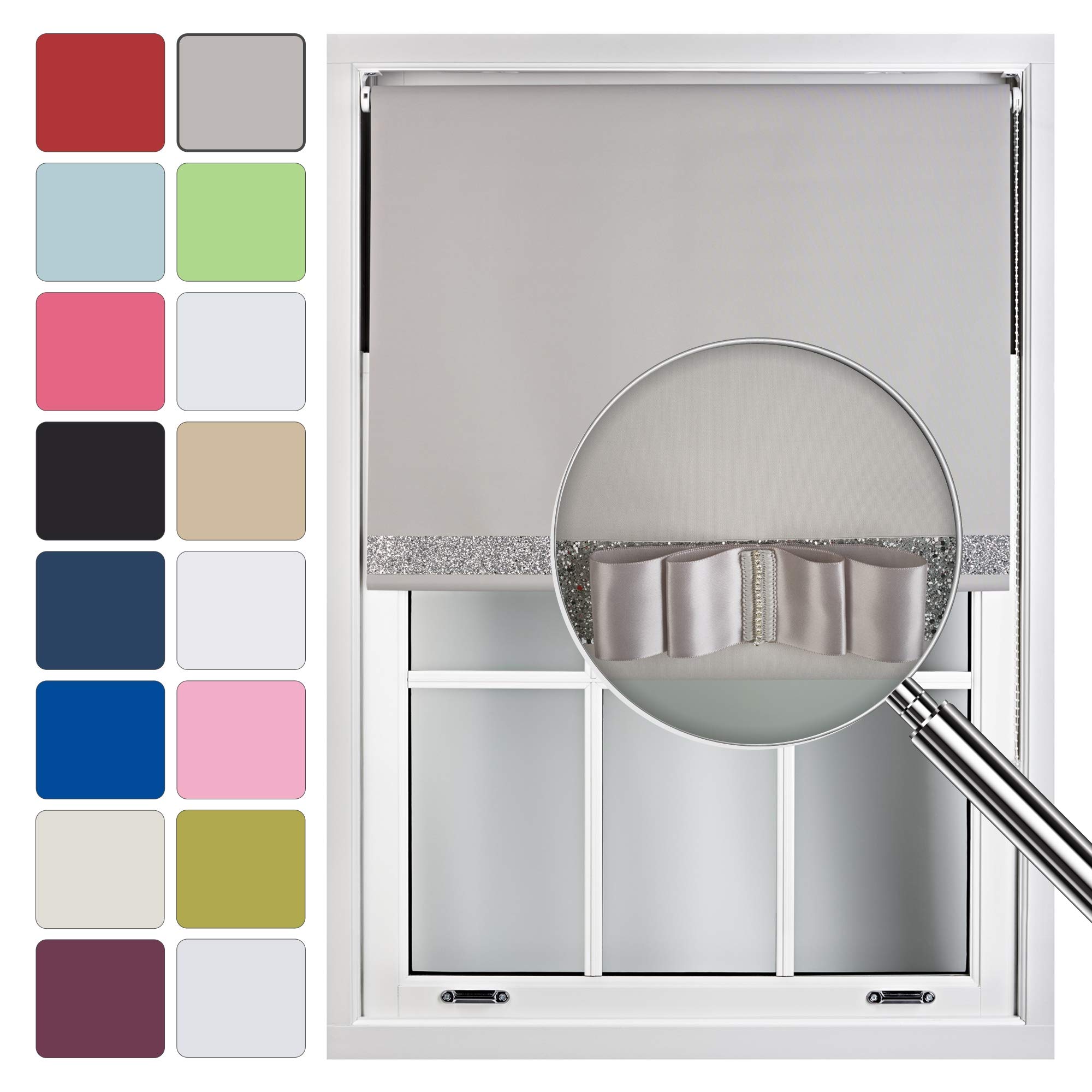 Furnished Grey Blackout Roller Blinds Made To Measure With Glitter Trim & Bow - 60Cm X 165Cm