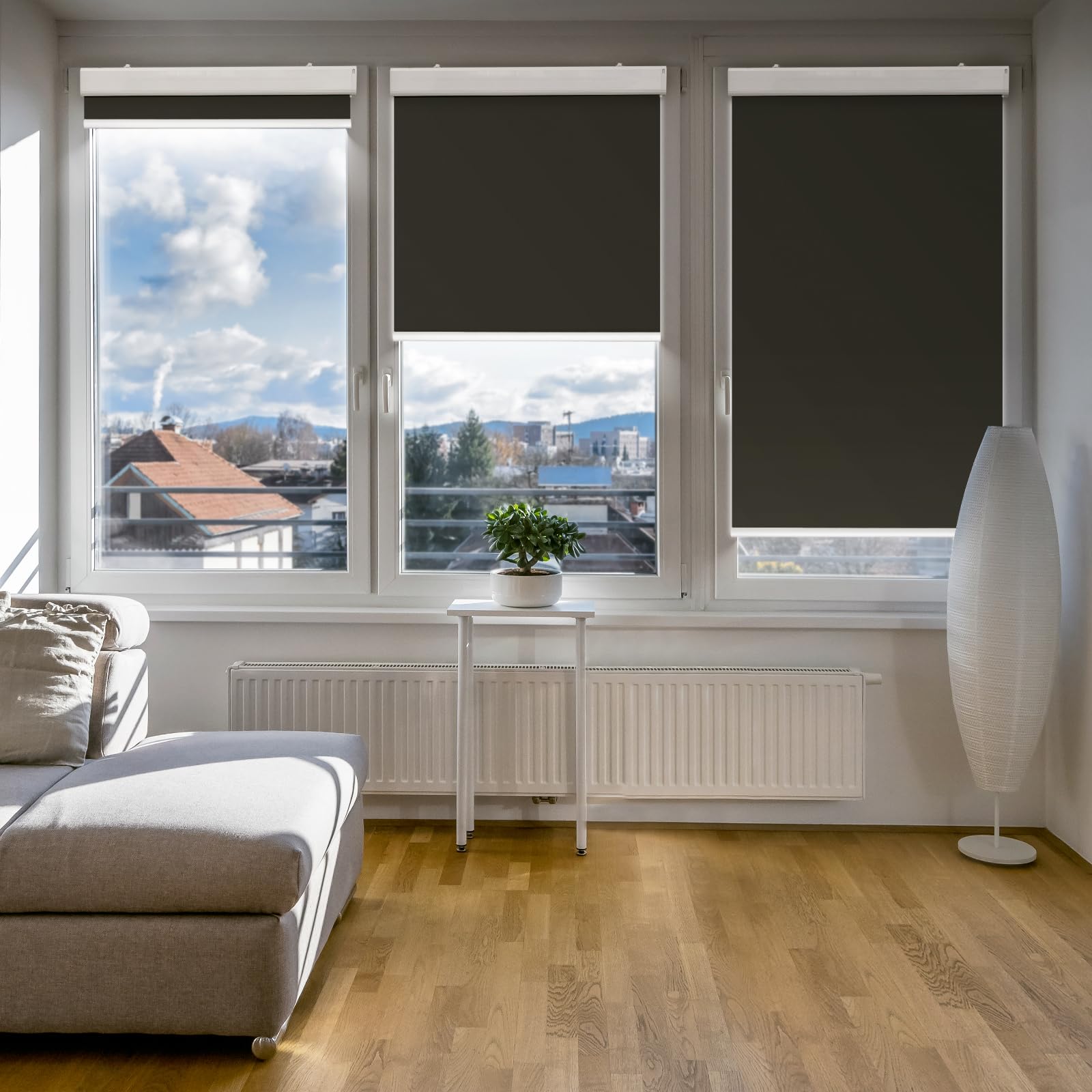 DENFOON Solar Elektrische Rollos Innen,Thermorollo Klemmfix ohne Bohren & mit Bohren,Verdunklungsrollo mit Fernbedienung Wiederaufladbar Akku Rohrmotor Rollo für Fenster Schwarz,90x170cm(B x L)