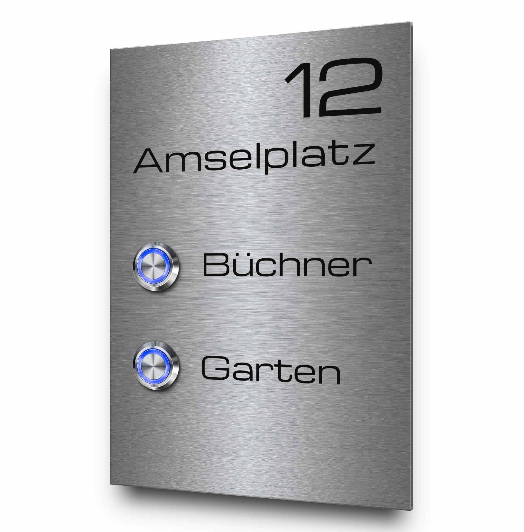 Klingelschild mit 2 Drückern - Modell Büchner 12x18 cm - Edelstahl Türklingel mit personalisierter Gravur und verschiedenen Motiven | farbige LED Taster und diverses Zubehör optional
