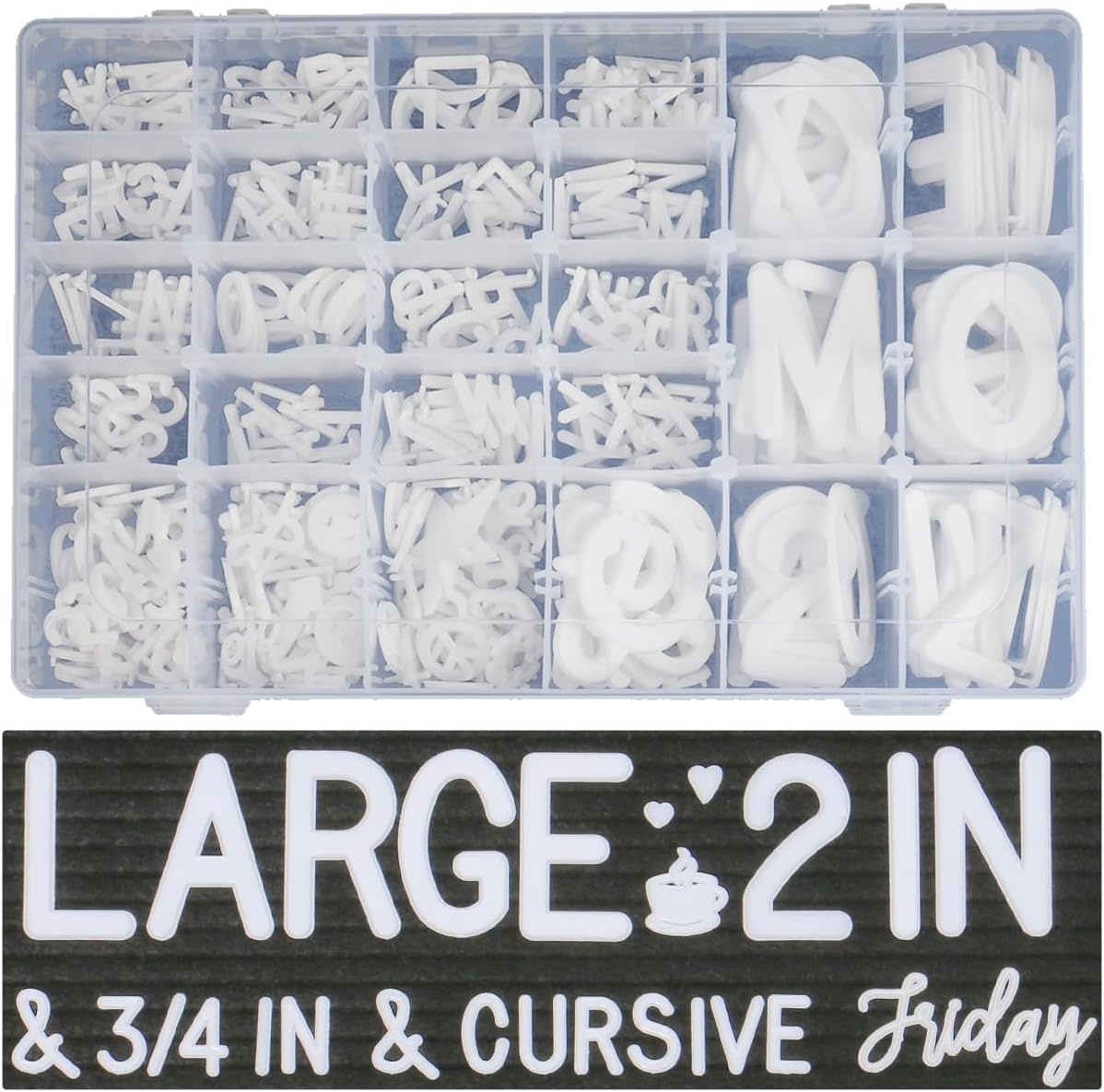 559 Extra White Letters With Organizer for Changeable Felt Board (3/4 Inch and 2 Inch) + 11 Cursive Words + 12 Months + 7 Days + Pre-Cut Plastic Letters