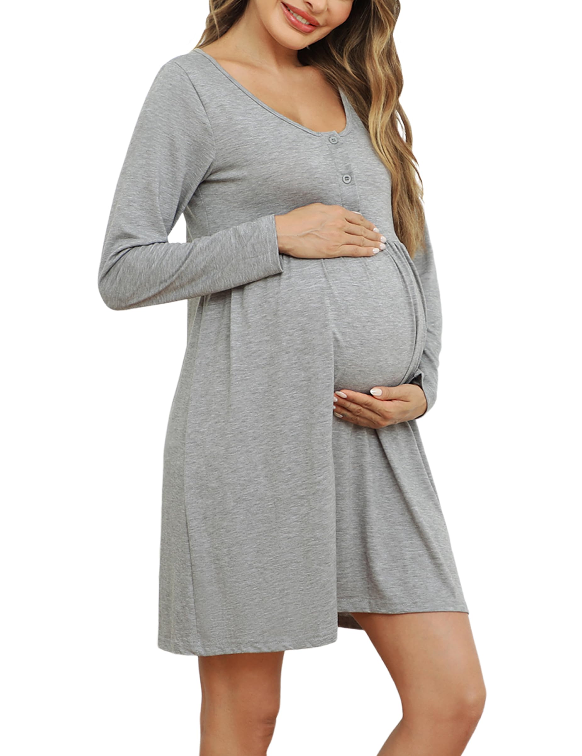 Bresdk Stillnachthemd Damen Langarm Umstandsnachthemd mit Knöpfen | Praktischer Henley-Ausschnitt mit funktioneller Knopfleiste ermöglicht schnelles und diskretes Stillen im Alltag