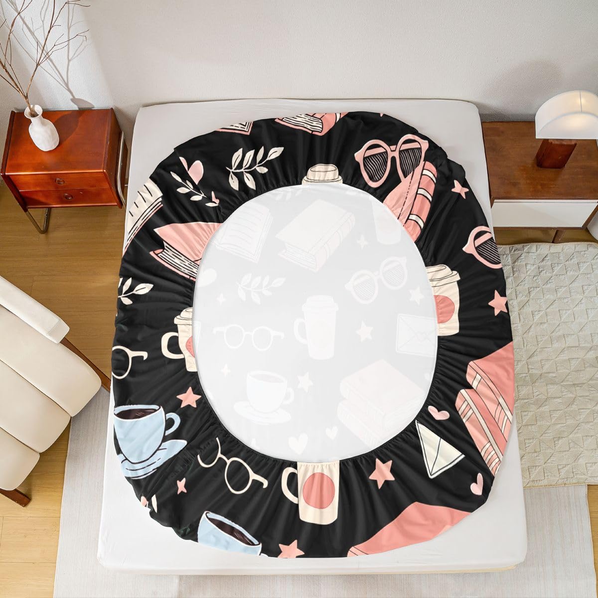 Homewish Czarno-różowe książki, prześcieradło z gumką w rozmiarze king size, urocze kubki do kawy i herbaty, głęboka kieszeń, 40 cm, romantyczne okulary, listy miłosne, zestaw pościeli z liśćmi