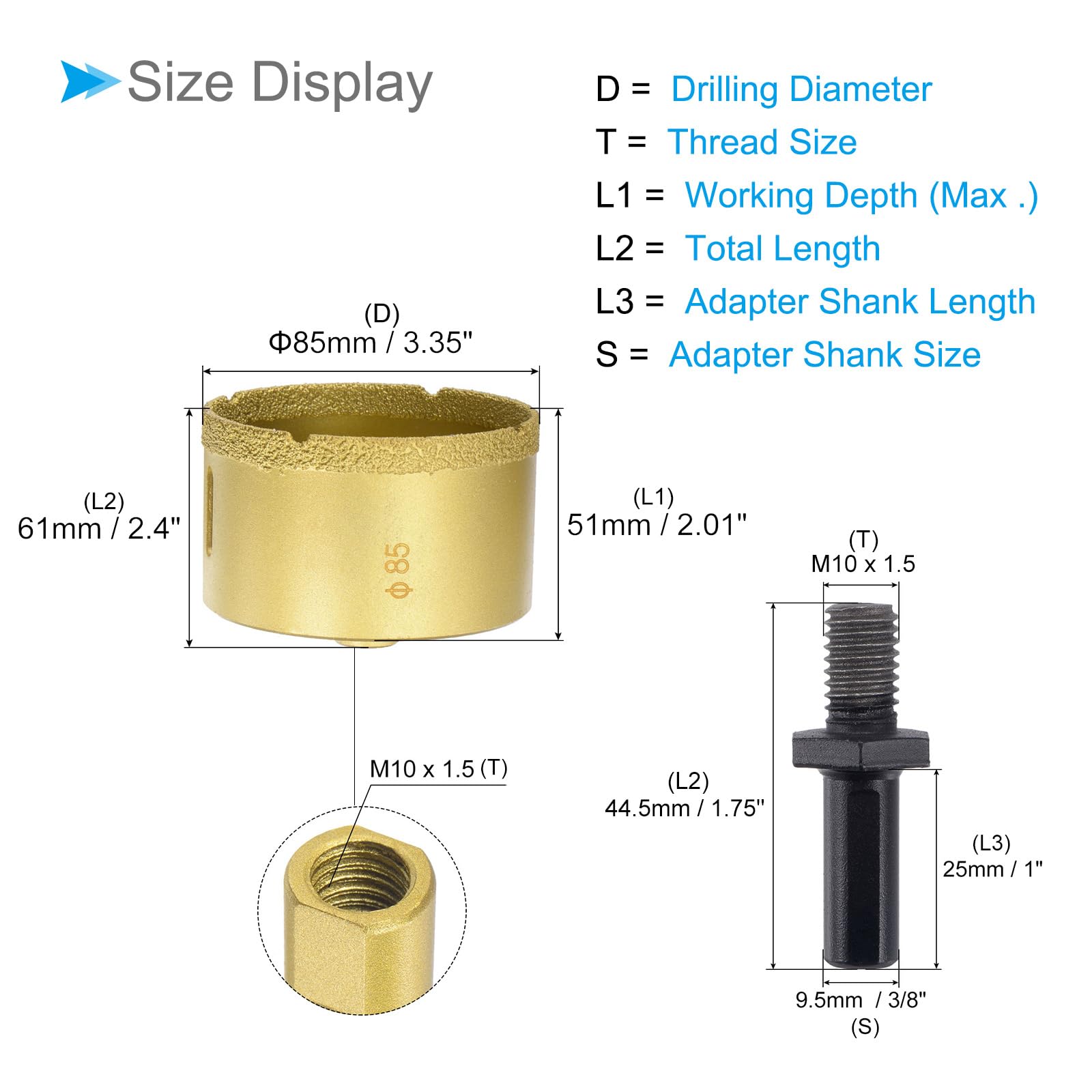 CoCud Diamond Drill Bits Set, 85mm Cutting Diameter, Brazed Diamond Core Drill Bits with M10 Arbor Adapter - Image 2