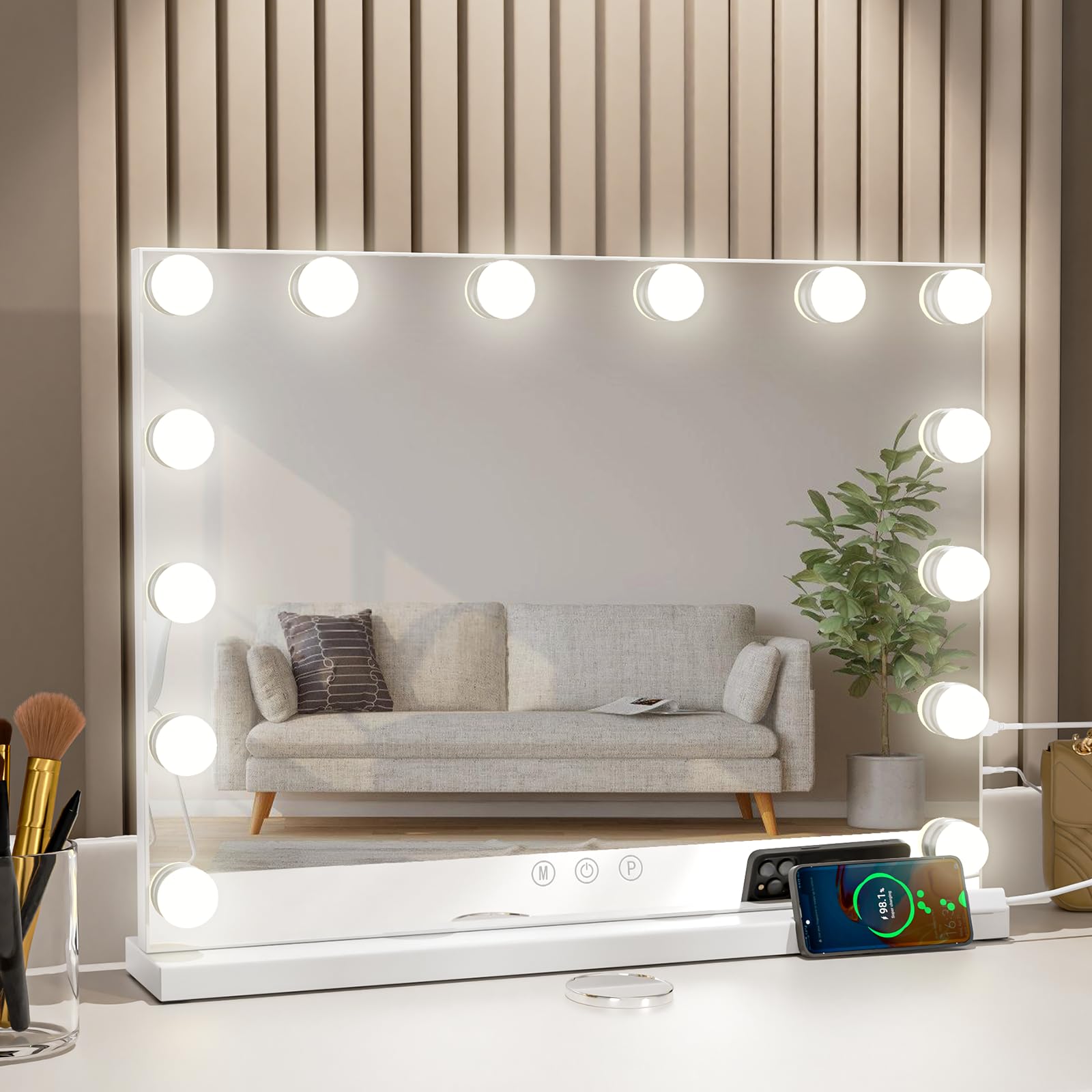 Espejo Maquillaje con luz, 50x40 cm, Gran Espejo tocador con luz de Pared con 17 Luces LED, 3 Modos de iluminación, con USB y Aumento 10x, Espejo con luz para Maquillaje - Blanco