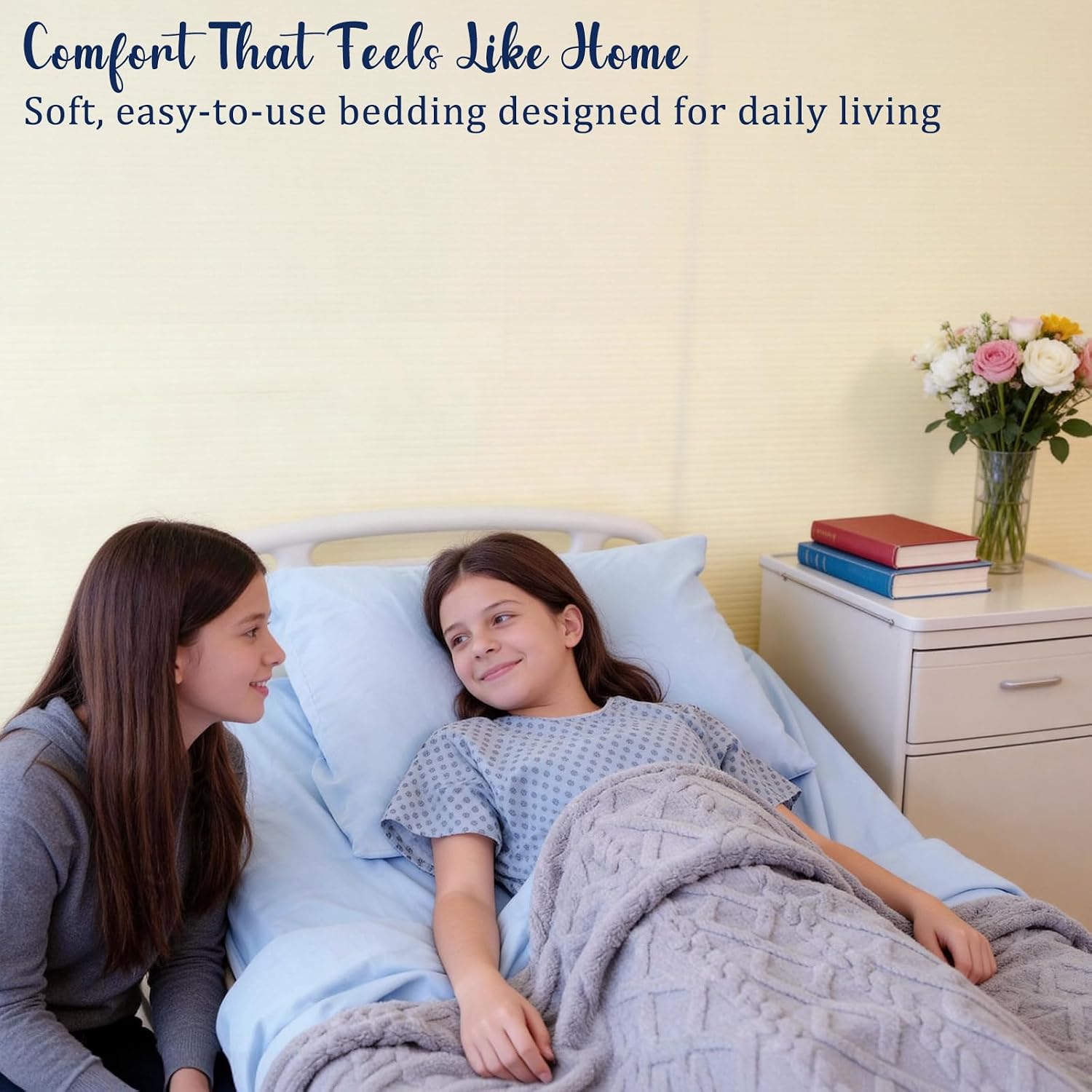 4 Pcs Hospital Bed Sheets for Home Use Deep Pocket Sheet Set with Blanket – Fitted 36 x 84 x 14 Inches, Flat 60" x 105", Pillowcase 20" x 30", Soft Textured Bedding for Adjustable Beds