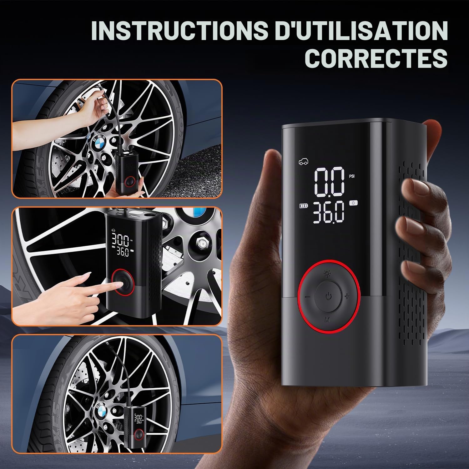 Gonfleur de Pneu Portable avec compresseur – Mini Pompe à air sans Fil avec manomètre numérique, 150 psi, gonflage 3 Fois Plus Rapide et Fonction d'arrêt Automatique