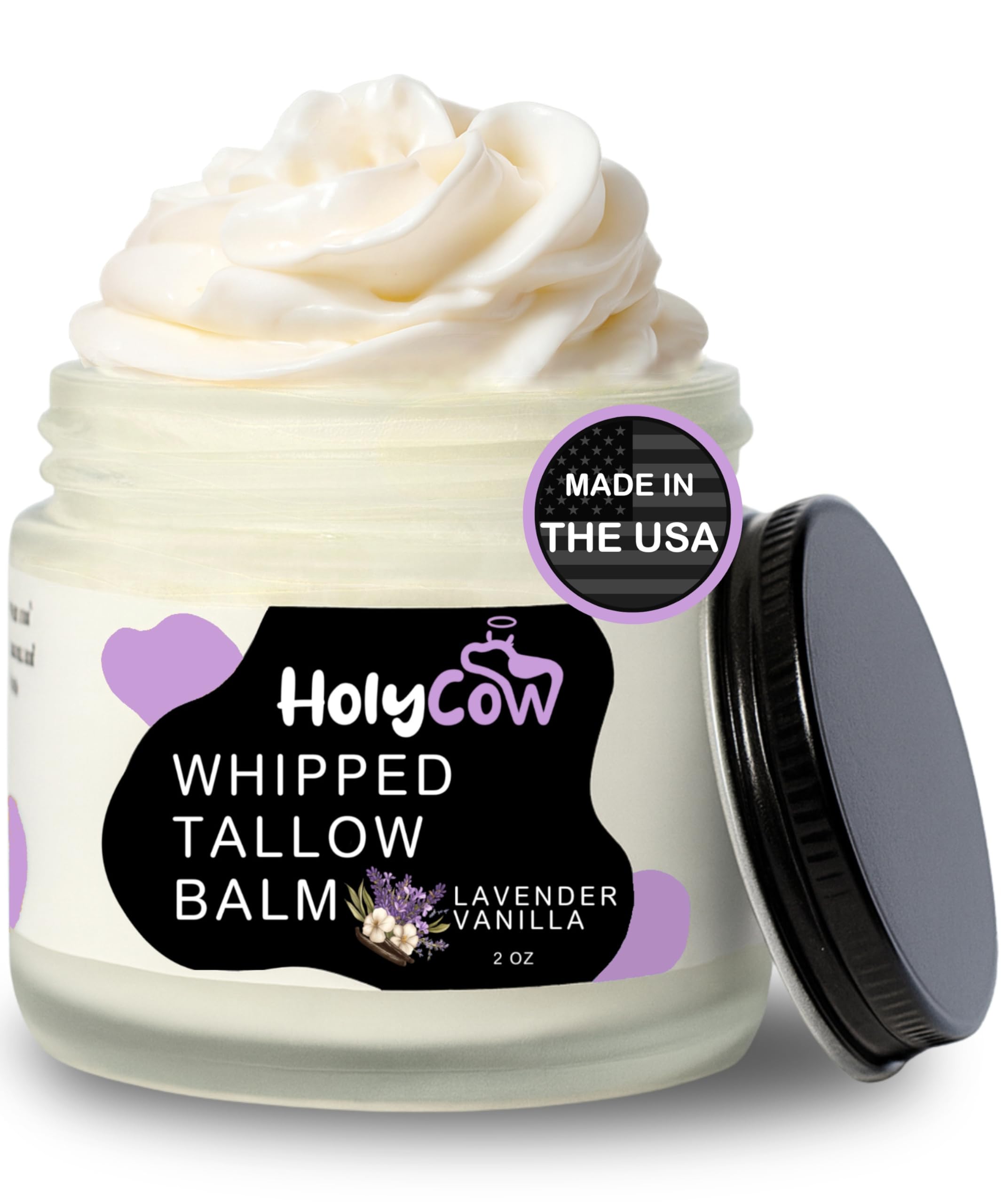 HolyCow Beef Tallow For Skin - Whipped Tallow Balm with Organic Jojoba Oil, Grass Fed Beef Tallow Face Moisturizer for Eczema, Baby, Lip Balm - Lotion For Extremely Dry Skin (Lavender Vanilla)