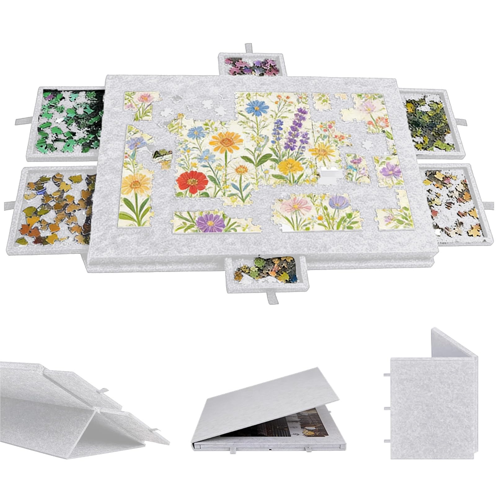 FARYODI Mesa de rompecabezas inclinable, portátil con 6 cajones, plataforma de rompecabezas de fieltro ligera, mesa de rompecabezas portátil para juegos, hasta 1000 piezas (gris plateado)