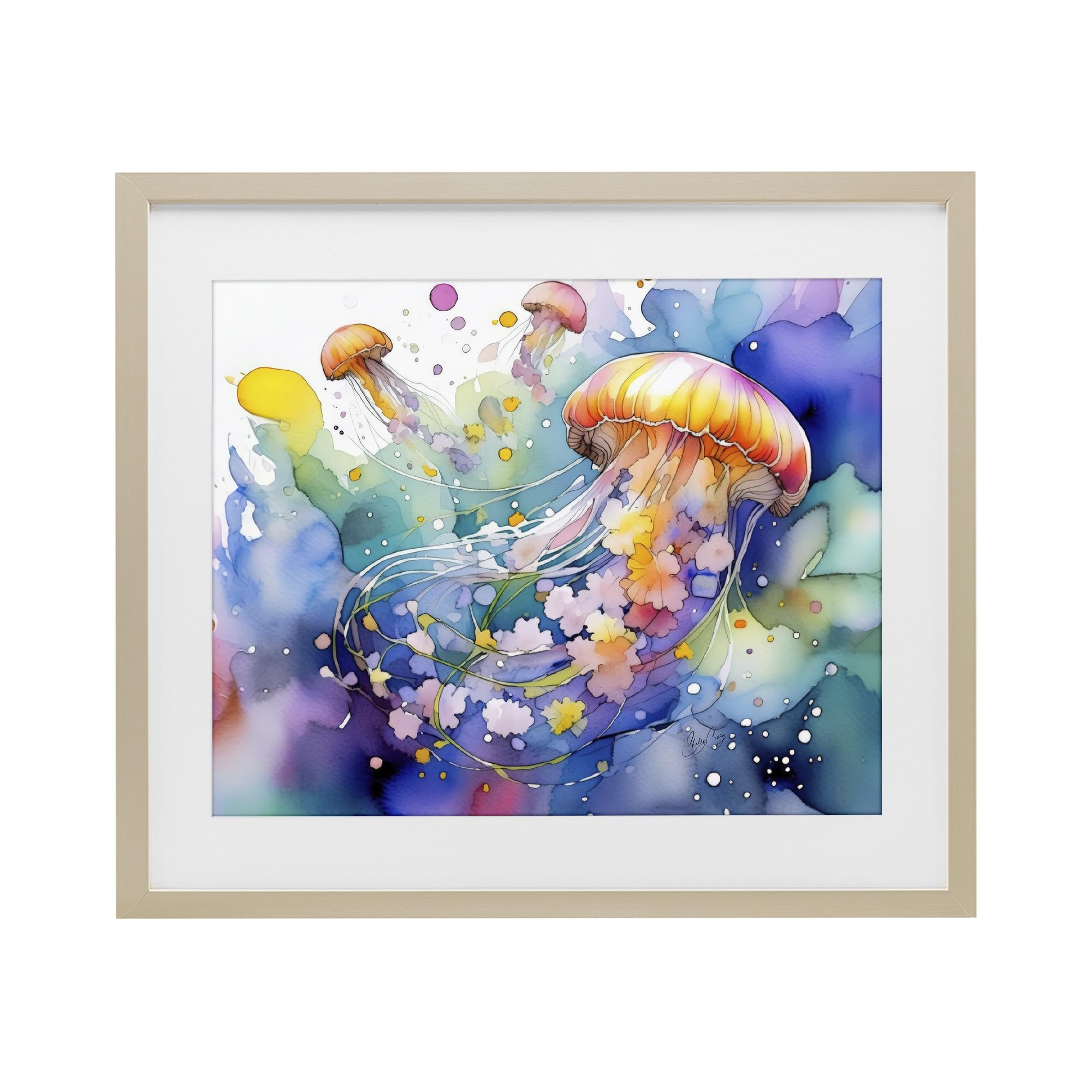 Stupell Industries Neon Jellyfish Underwater Serenity 'Neon Jellyfish Underwater', Framed Print Under Glass, Brown, 21 X 17 Inches, Easy To Hang And Sturdy, Made In Usa, By Shelly Craig