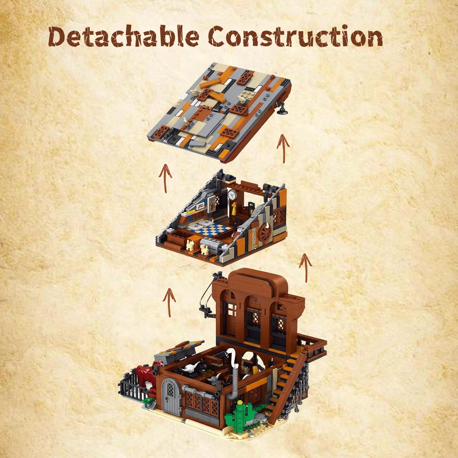 Western Cowboy Bar Modular Building Set, 1884 Teile Westernstadt Architektur mit Ställe und Pferde, Old West Klemmbausteine Haus, Sammlermodell für Erwachsene & Geschenk
