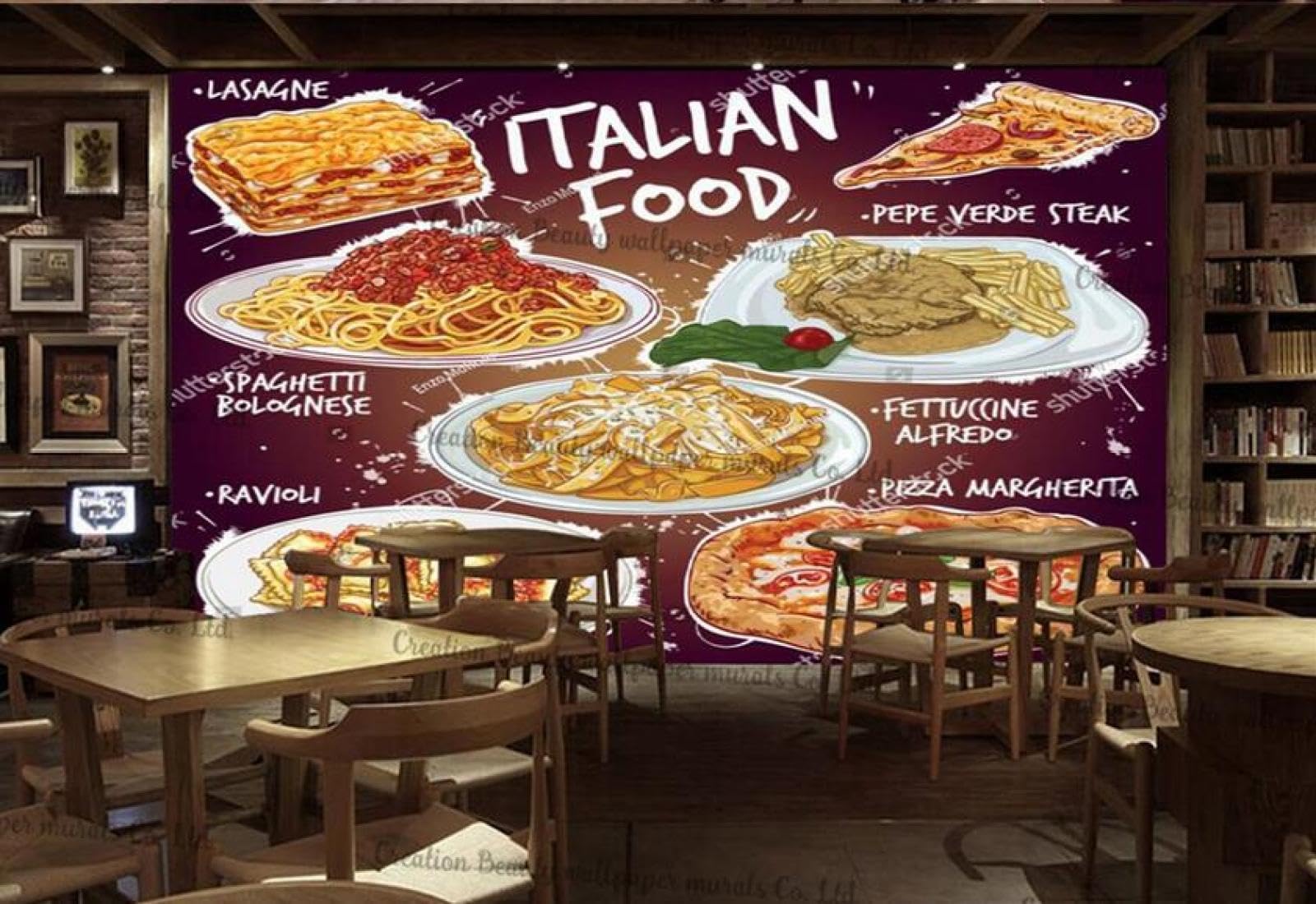 Tapete Benutzerdefinierte 3D Fototapete Home Decorhandbemalte Italienische Küche,Industrielles Dekor,Individuelle Wandtapete,Pizza,Margherita Und Ravioli,Fast-Food-Tapete-300Cmx210Cm