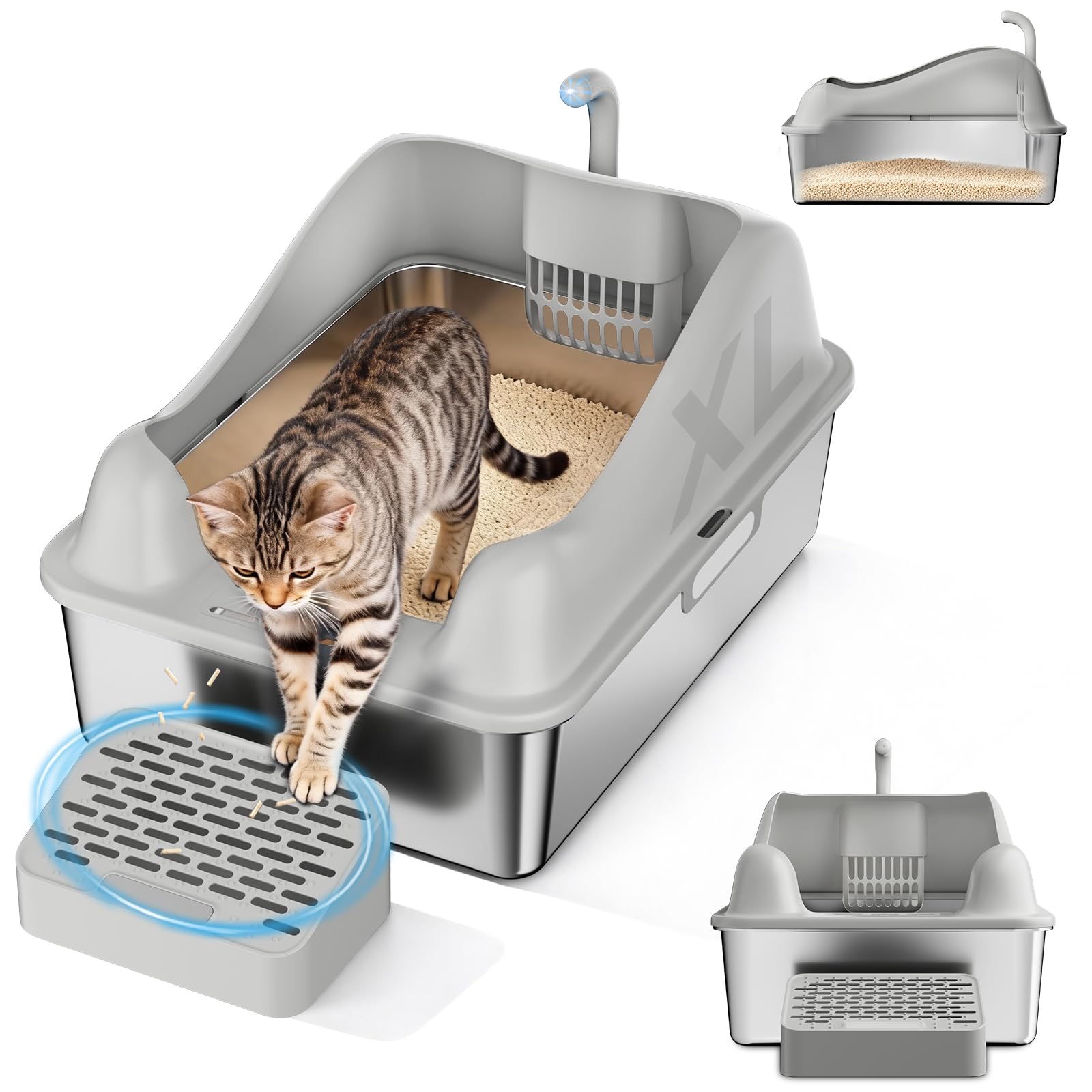 GTPLAYER XL Stainless Steel Cat Litter Box for Big & Multiple Cats, Easy Clean Odor-Resistant Design, High Sided Leak-Proof Litter Box with Mat & Scoop – Dark Grey