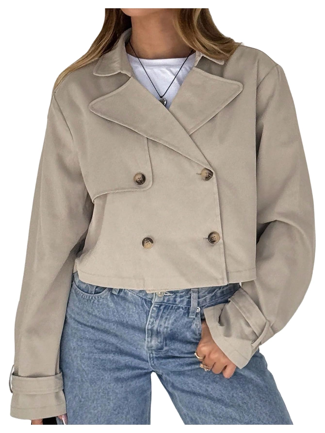 SHENHE Womens Cropped Trench Coat Lapel Collar Double Breathable Business Casual Fall Jacket