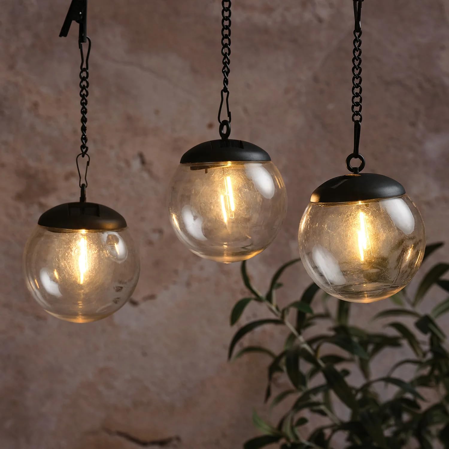 Lights4fun Set of 3 Hanging Solar Filament Globe Lights with Warm White LEDs, Outdoor Decorative Garden Lanterns for Patios & Summer Parties