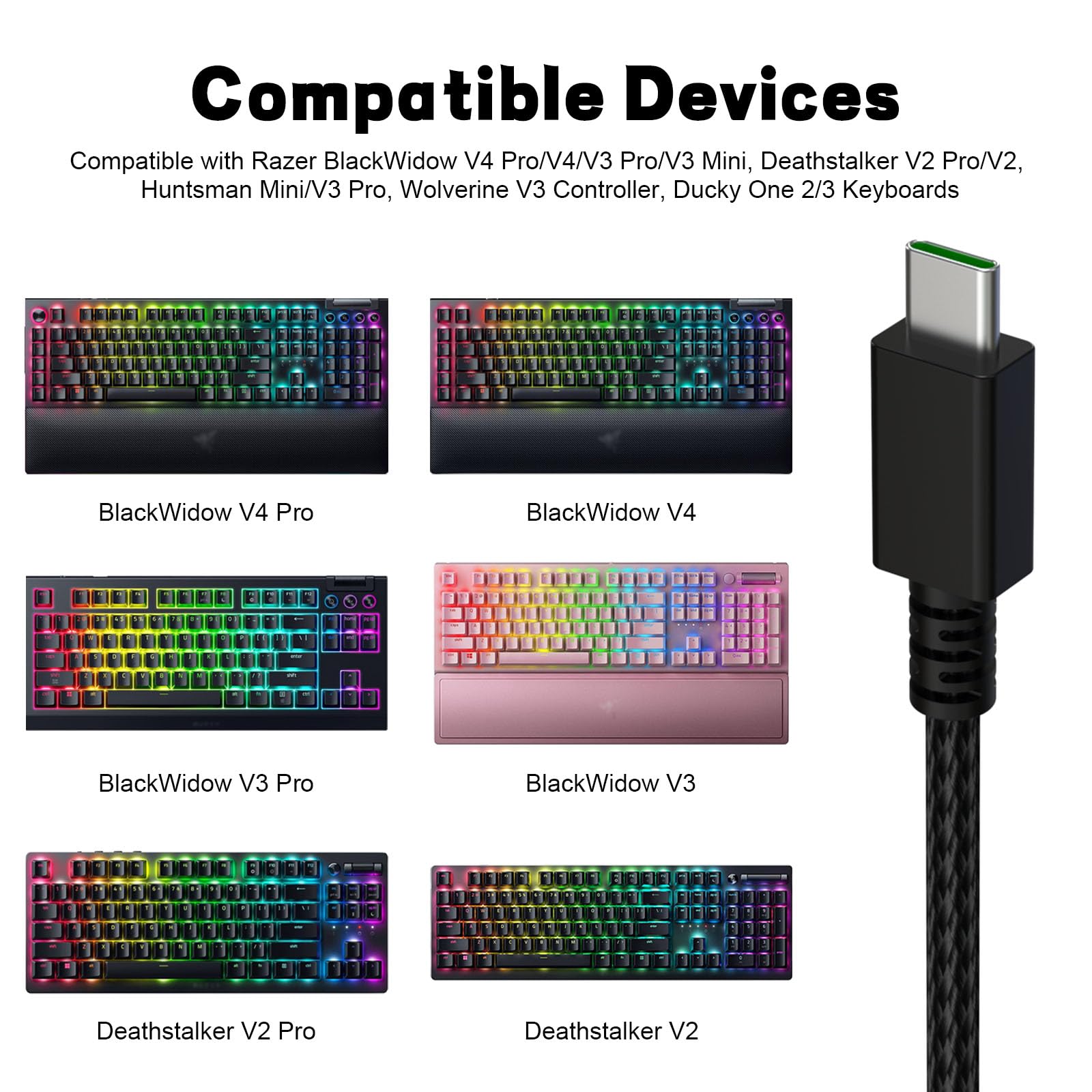 Cable de carga USB tipo C compatible con Razer BlackWidow V4 Pro/V4/V3 Pro/V3 Mini, Deathstalker V2 Pro/V2, Huntsman Mini/V3 Pro, controlador Wolverine V3, teclado Ducky One 2/3