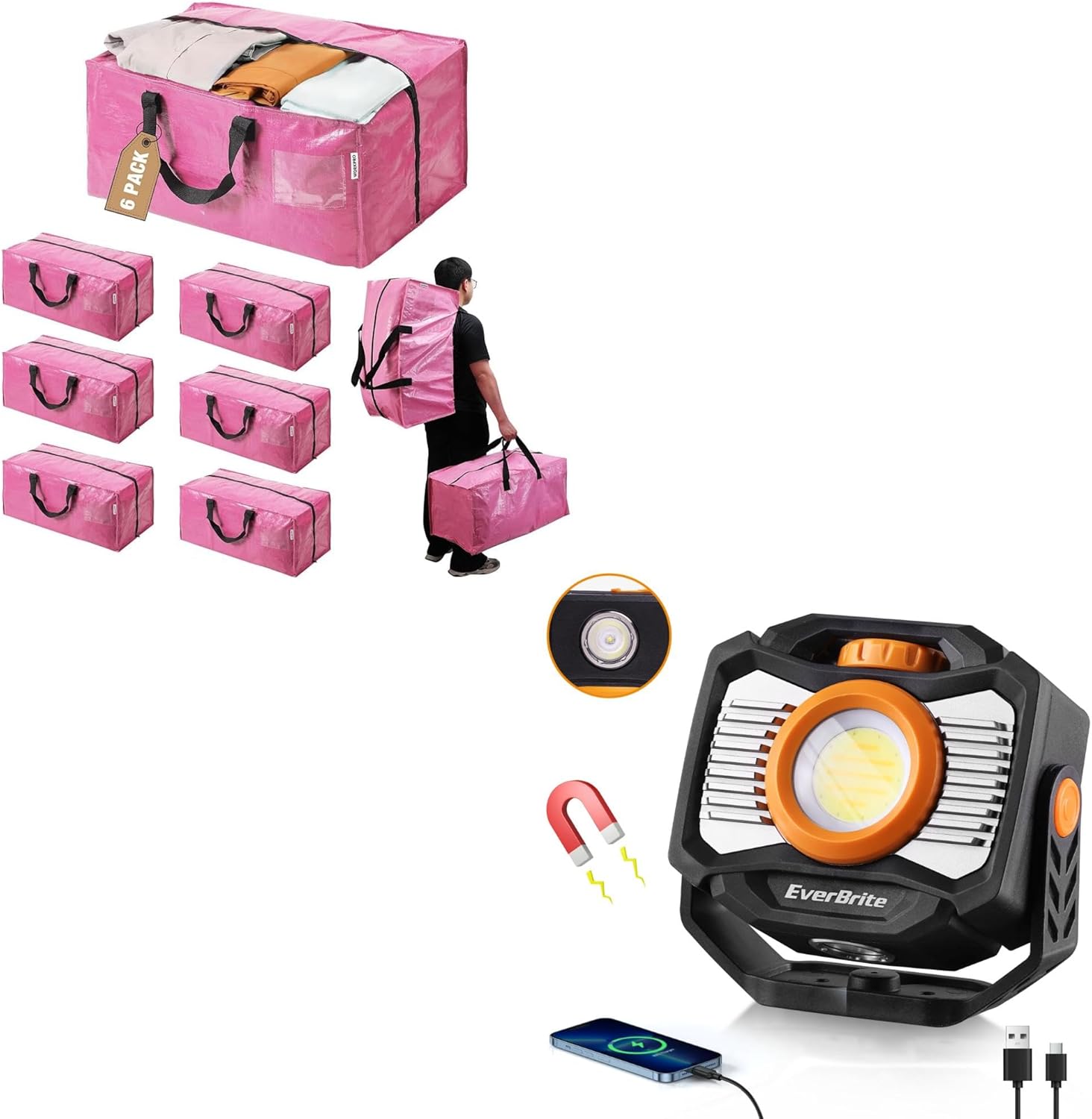 WORKPRO 6 Pack Extra Large Moving Bags & EverBrite 2000LM Magnetic Work Light Rechargeable LED