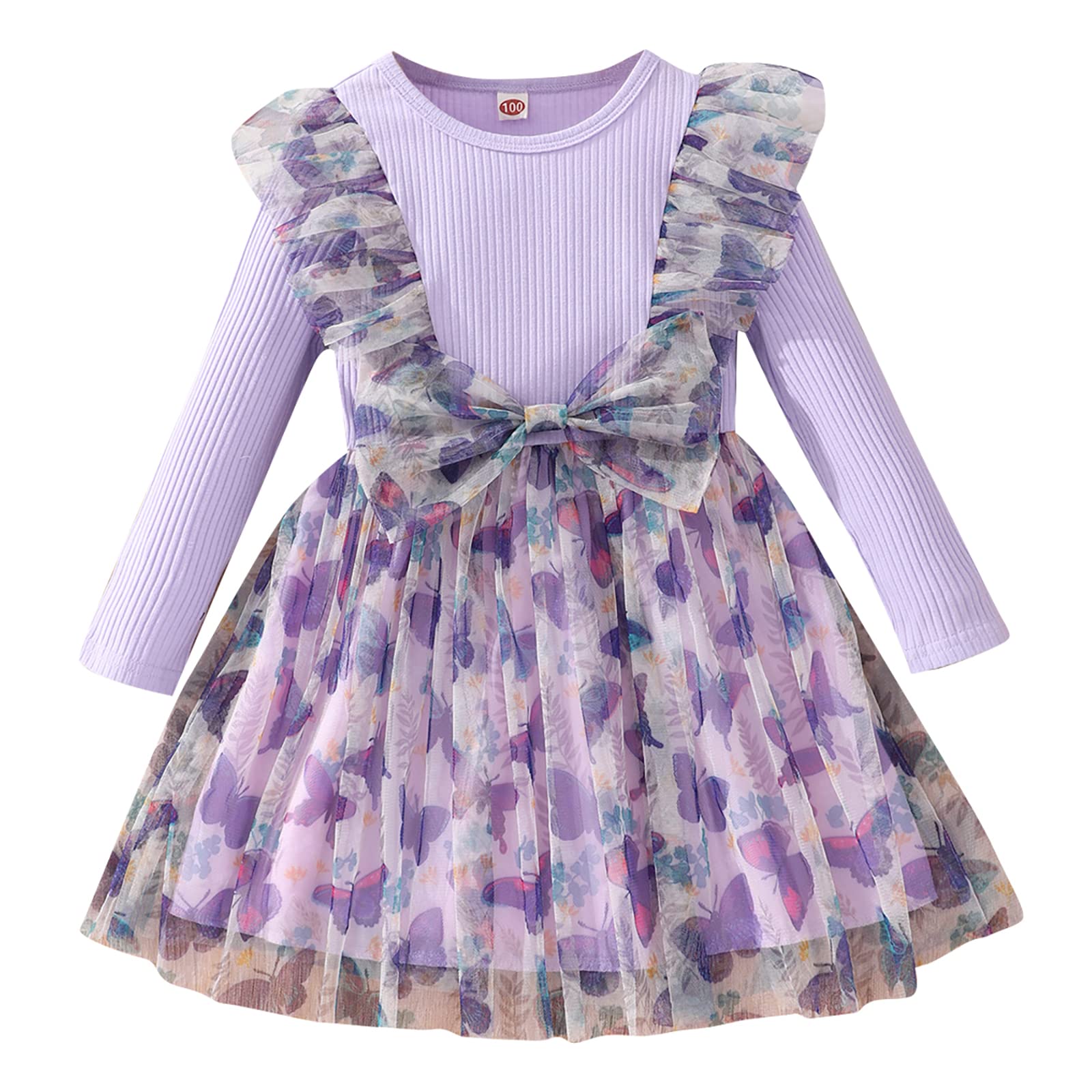 QiraoxyToddler Baby Girls Dress Ribbed Long Sleeve Ruffle Unicorn/Mermaids Tulle Bowknot Dresses Casual Party Princess Dress for Girls 1-6 Years