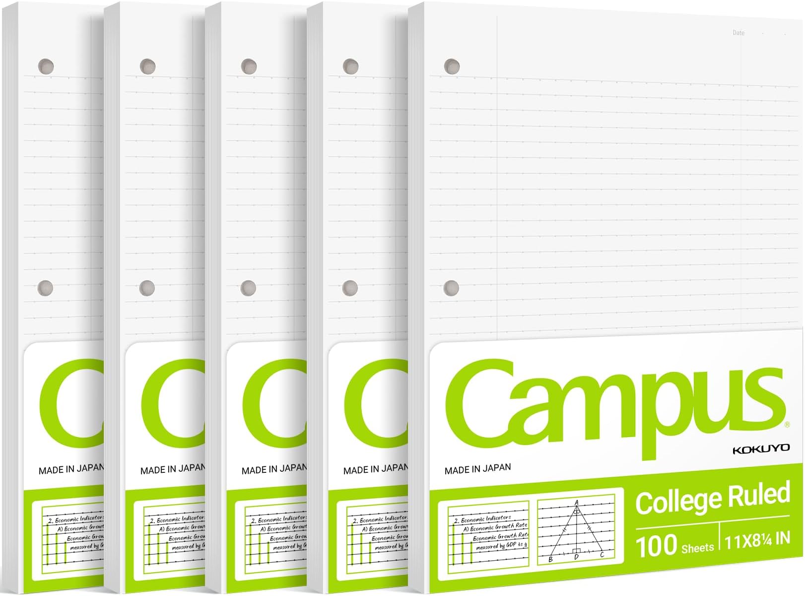 Kokuyo Campus Loose Leaf Paper for 3 Ring Binders, 11” x 8-1/4” Smooth Writing Lined Paper, 500 Sheets, 70 GSM, College Ruled, Bleeding-Resistance, School Suppliers, Made in Japan (WSG-NO-887G1x5)