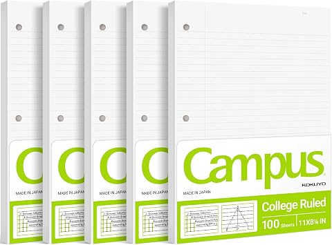 Kokuyo Campus Loose Leaf Paper for 3 Ring Binders, 11 x 8-1/4 Smooth Writing Lined Paper, 500 Sheets, 70 GSM, College Ruled, Bleeding-Resistance, School Suppliers, Made in Japan WSG-NO-887G1x5