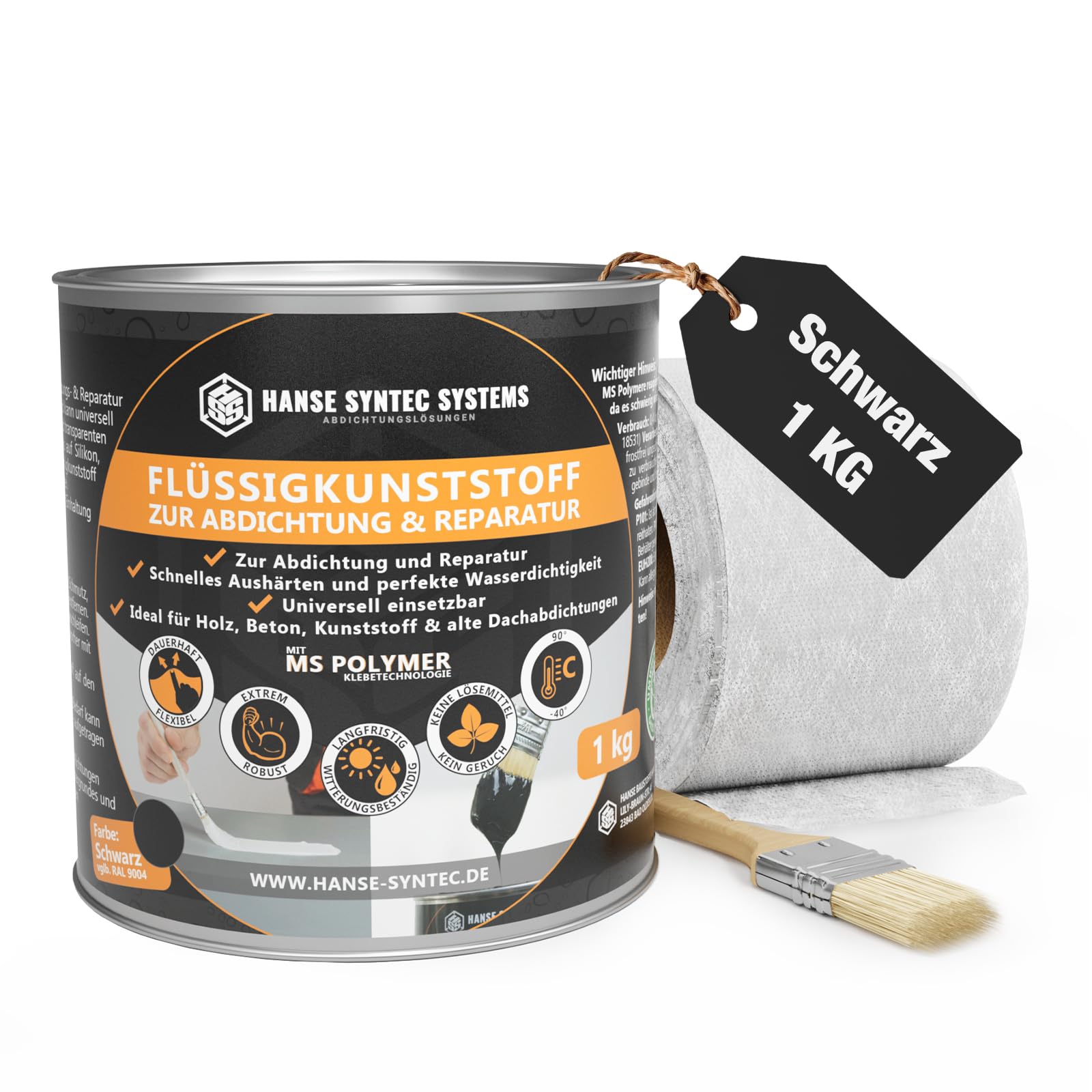 HSS Flüssigkunststoff Abdichtungsset – 1 kg, inkl. Pinsel & Vlies, schwarz, UV-/Witterungsbeständig, MS-Polymer